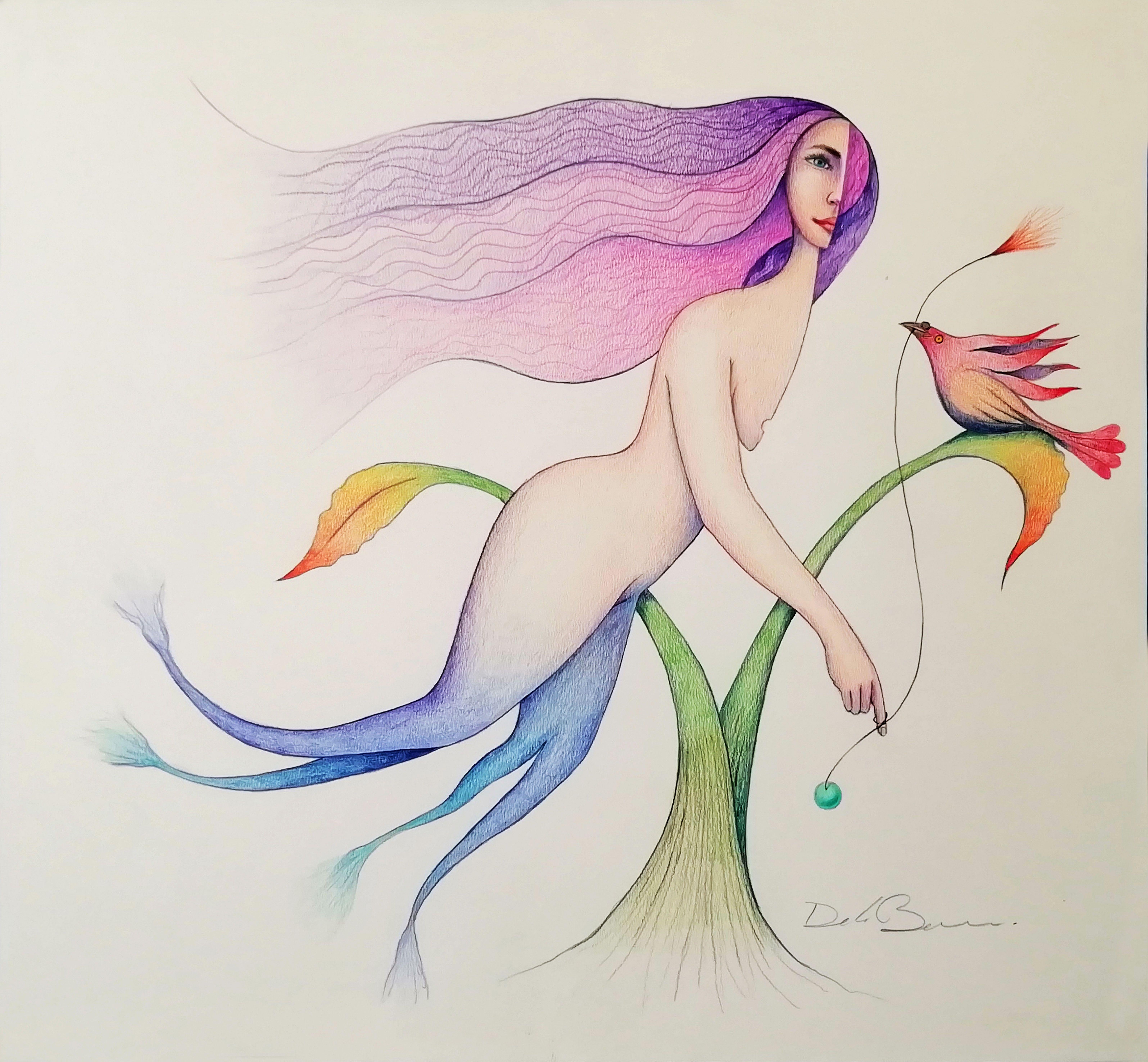 Meerjungfrau, Zeichnung, Bleistift/Coloriertes Bleistift auf Aquarellpapier – Art von Jose Luis De la Barra Bellido