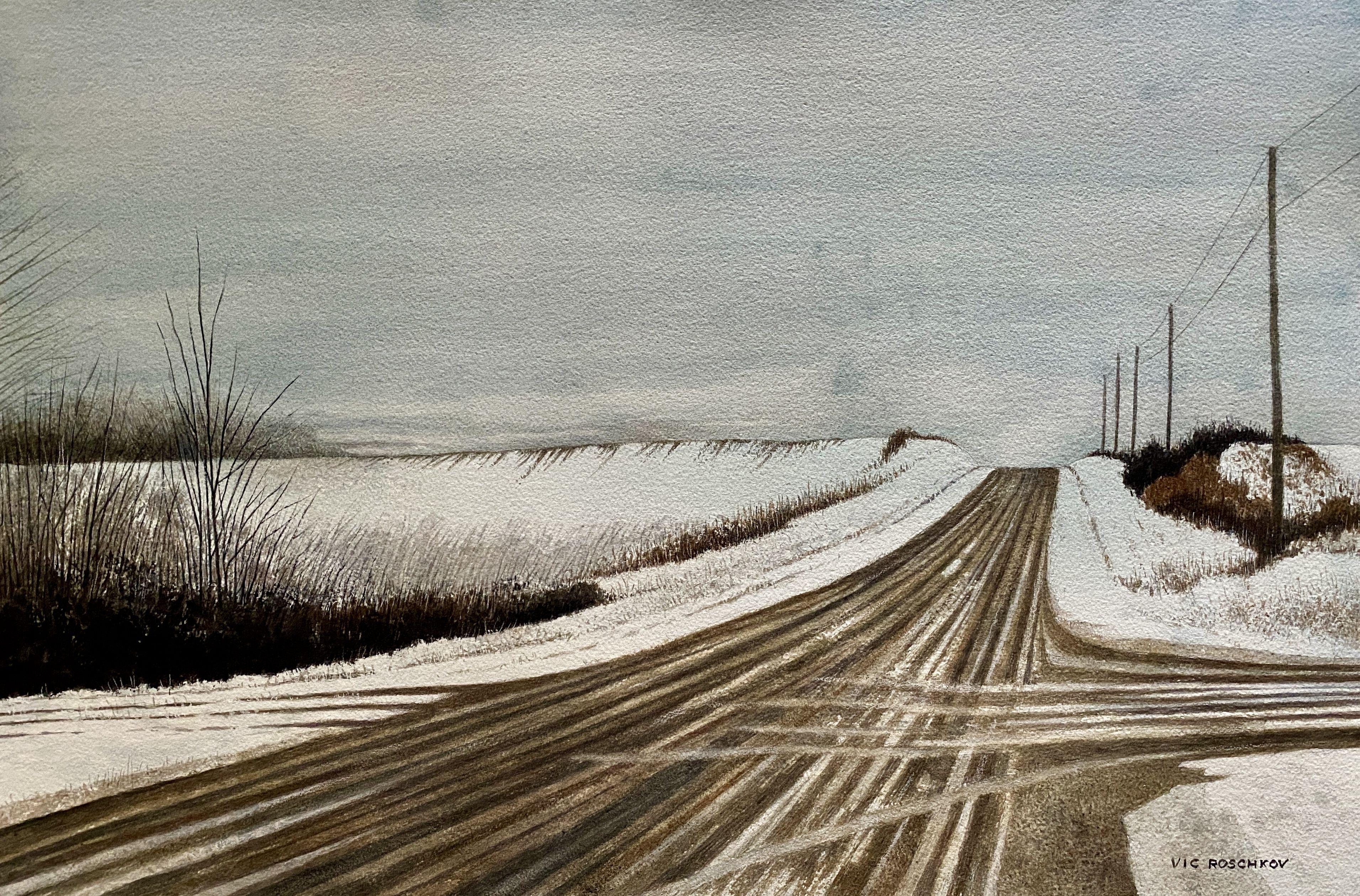 Winter Road, Painting, Watercolor on Watercolor Paper - Art by Victor Roschkov