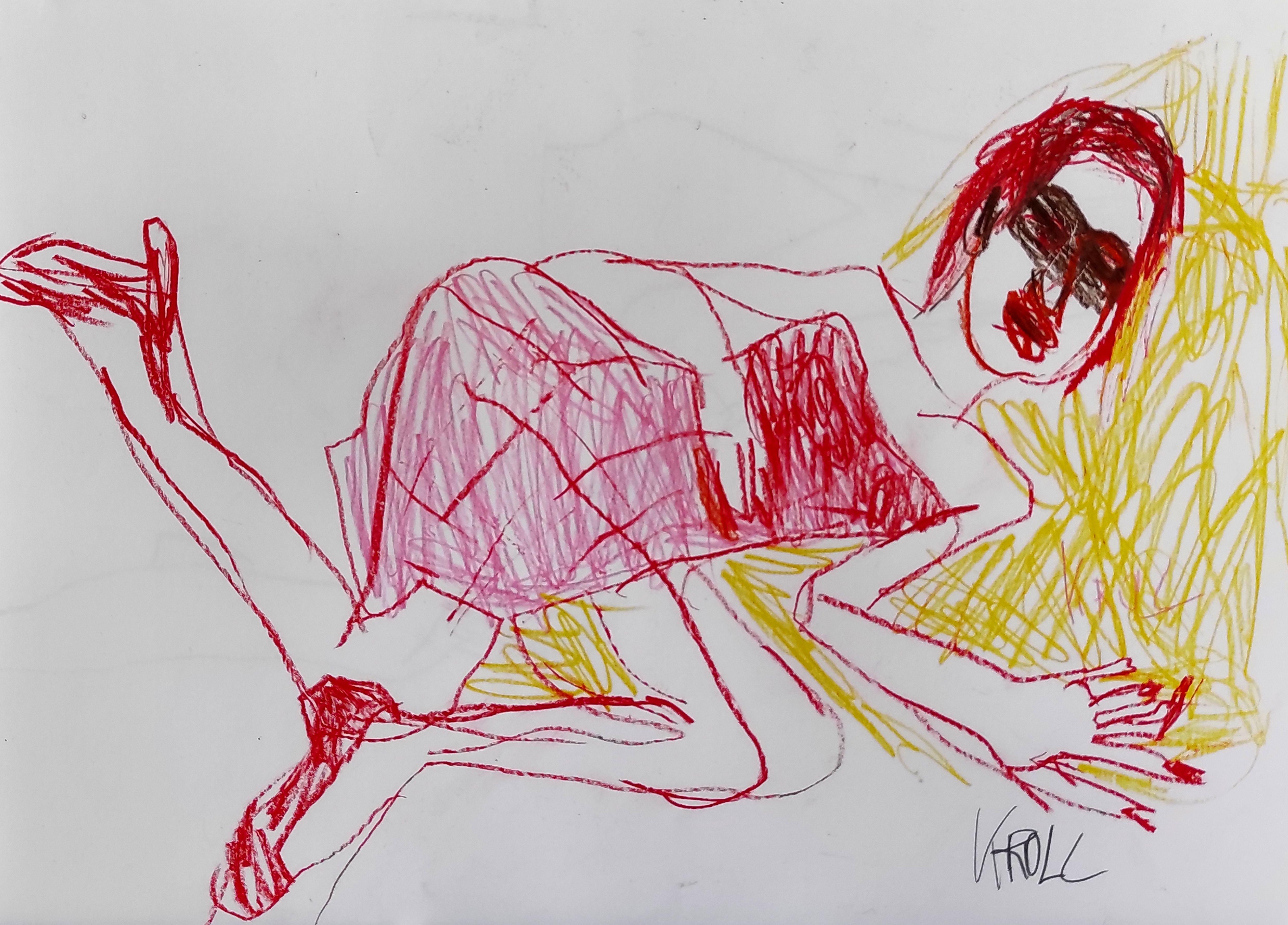 Femme endormie, dessin, crayon/crayon coloré sur papier - Art de Barbara Kroll