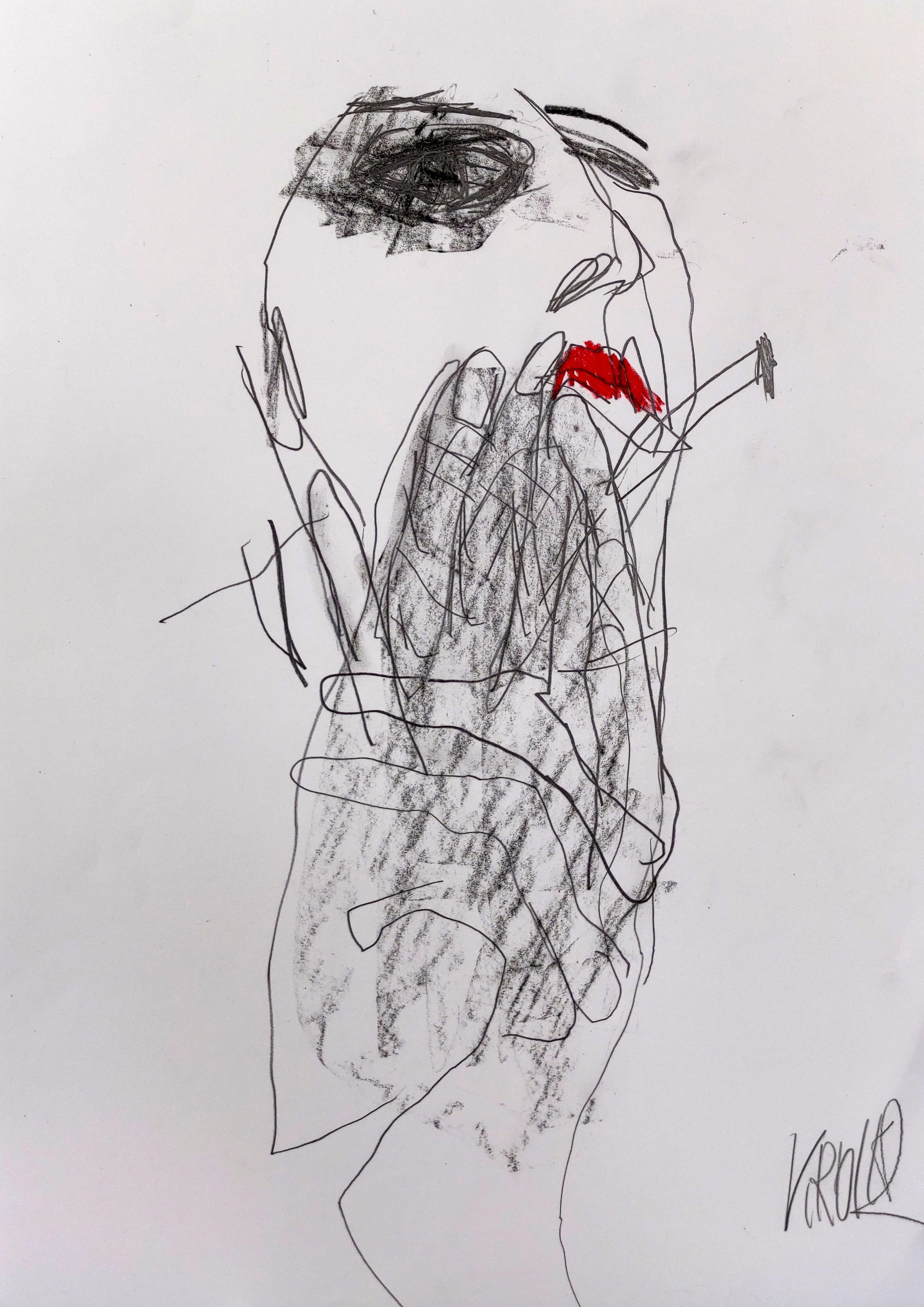 Femme avec une cigarette, dessin, crayon/crayon coloré sur papier - Art de Barbara Kroll