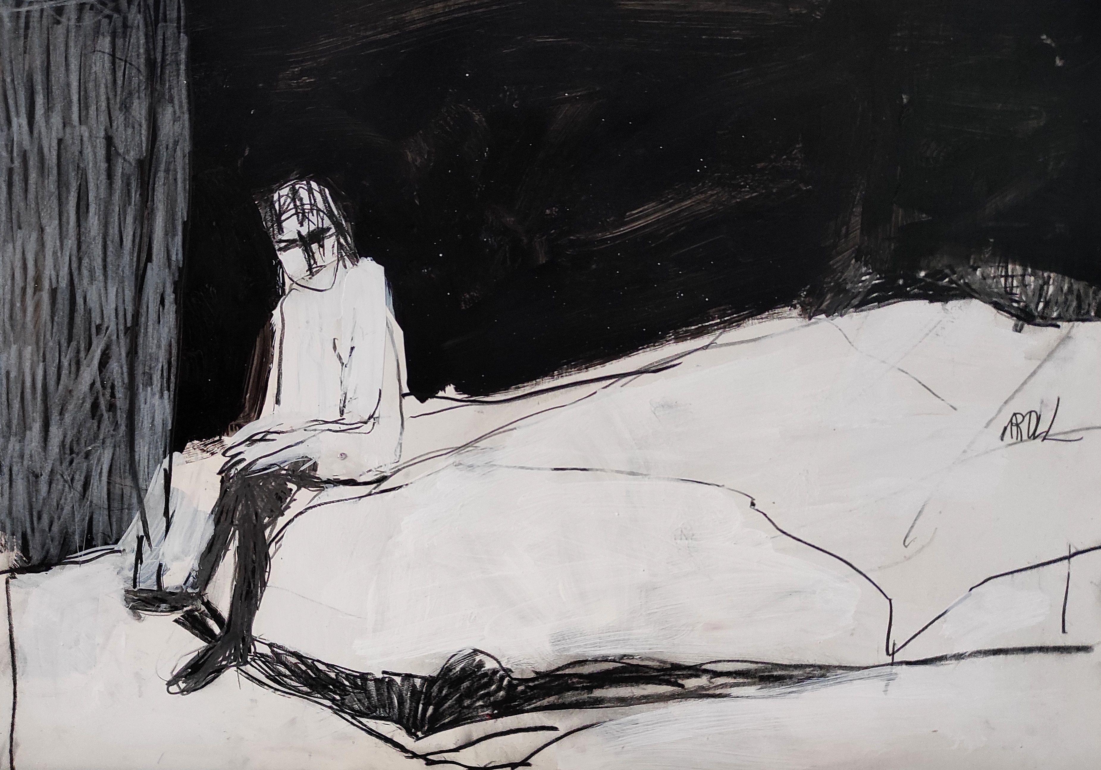 lone in the bedroom, Zeichnung, Bleistift/Farbstift auf Papier – Art von Barbara Kroll