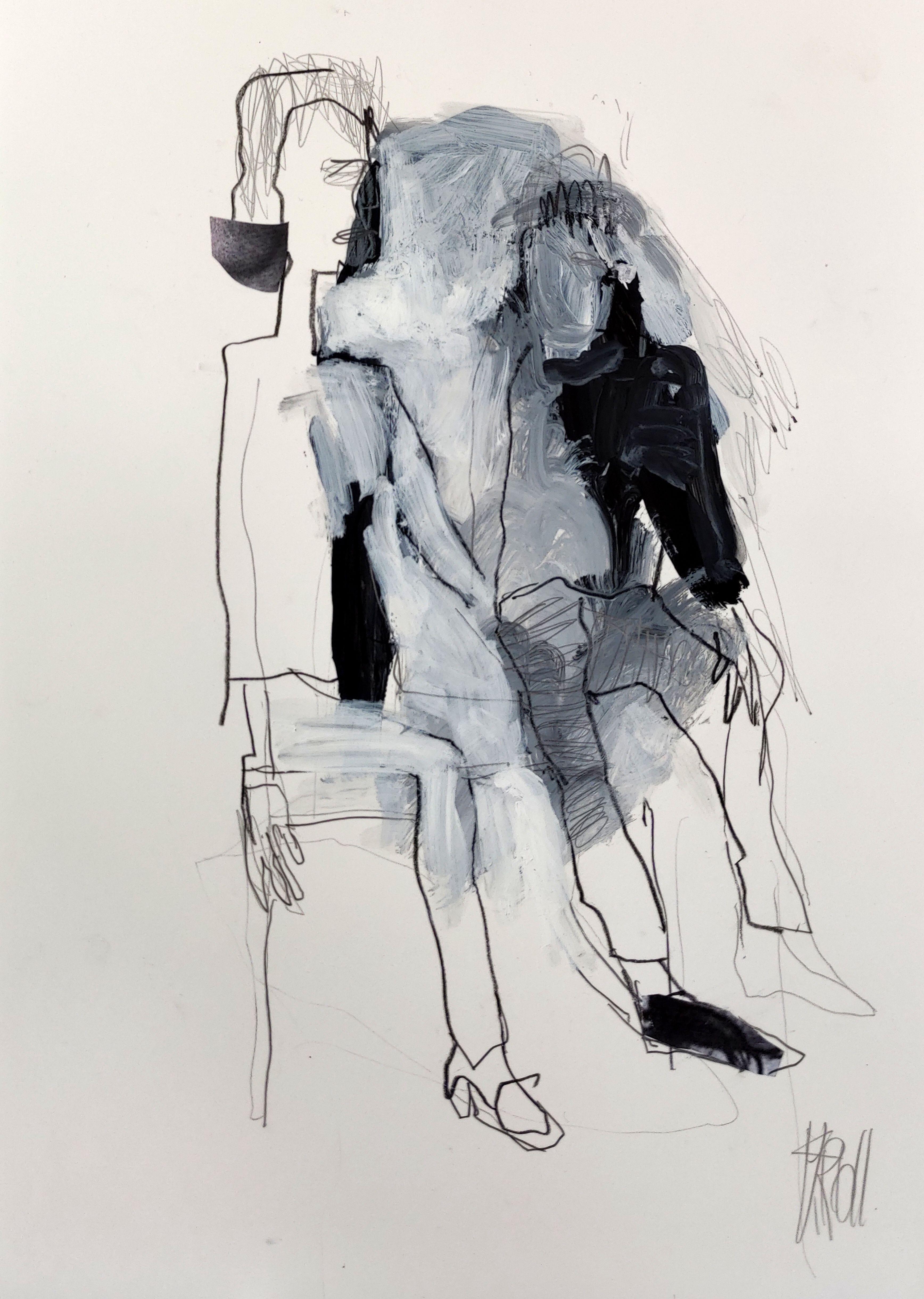 Two on a bench, Drawing, Pencil/Colored Pencil on Paper - Art by Barbara Kroll