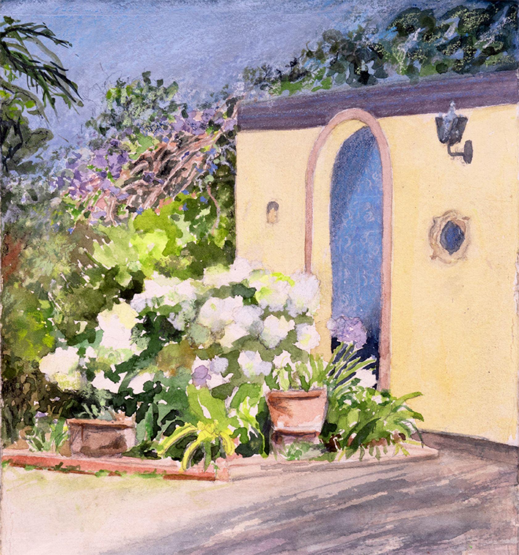 Blue Door, Painting, Watercolor on Watercolor Paper - Art by Joan Franklin