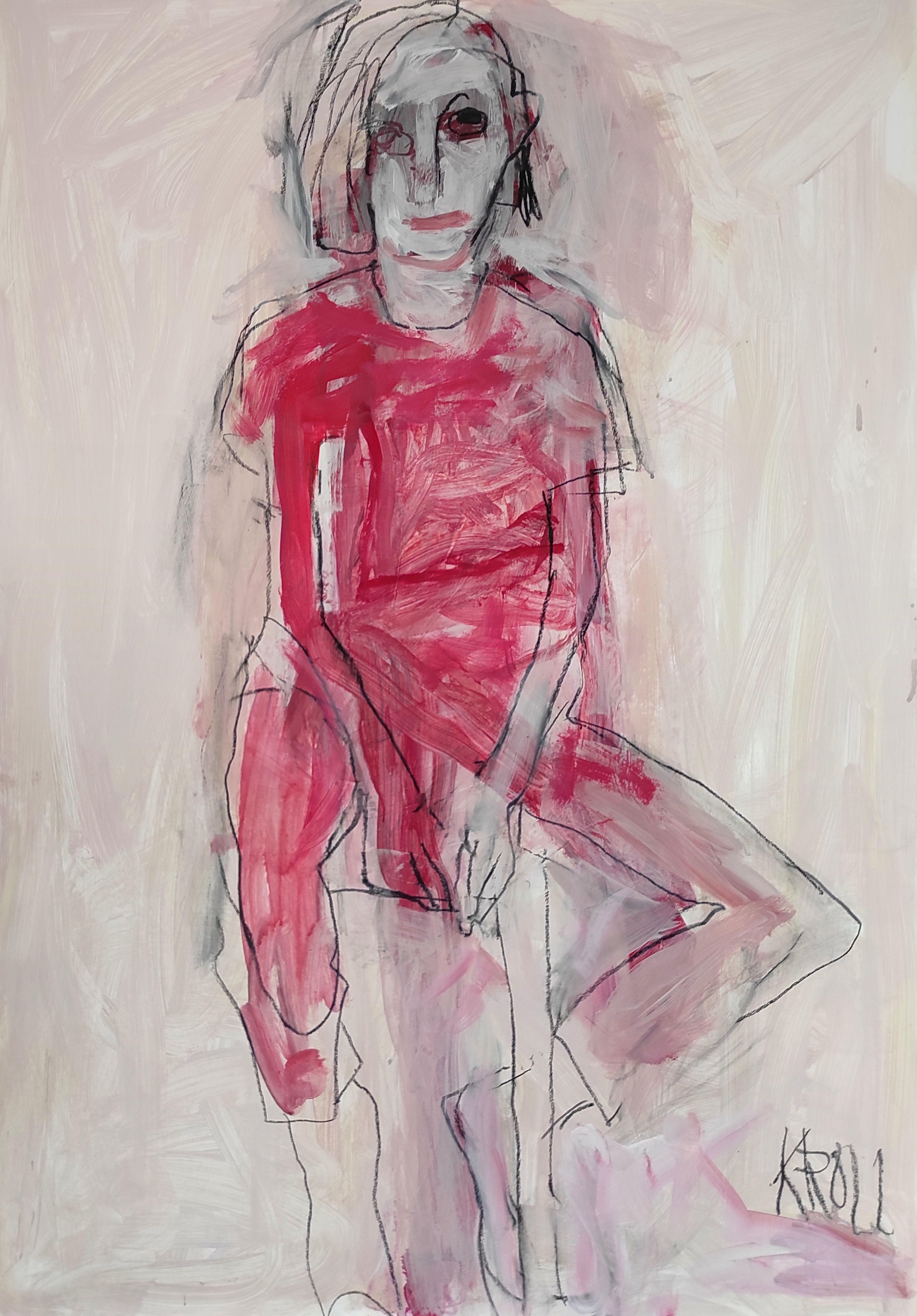 Femme assise en robe rouge, dessin, crayon/crayon coloré sur papier - Art de Barbara Kroll