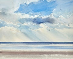 To blue skies, Lytham St Annes beach, Painting, Watercolor on Paper