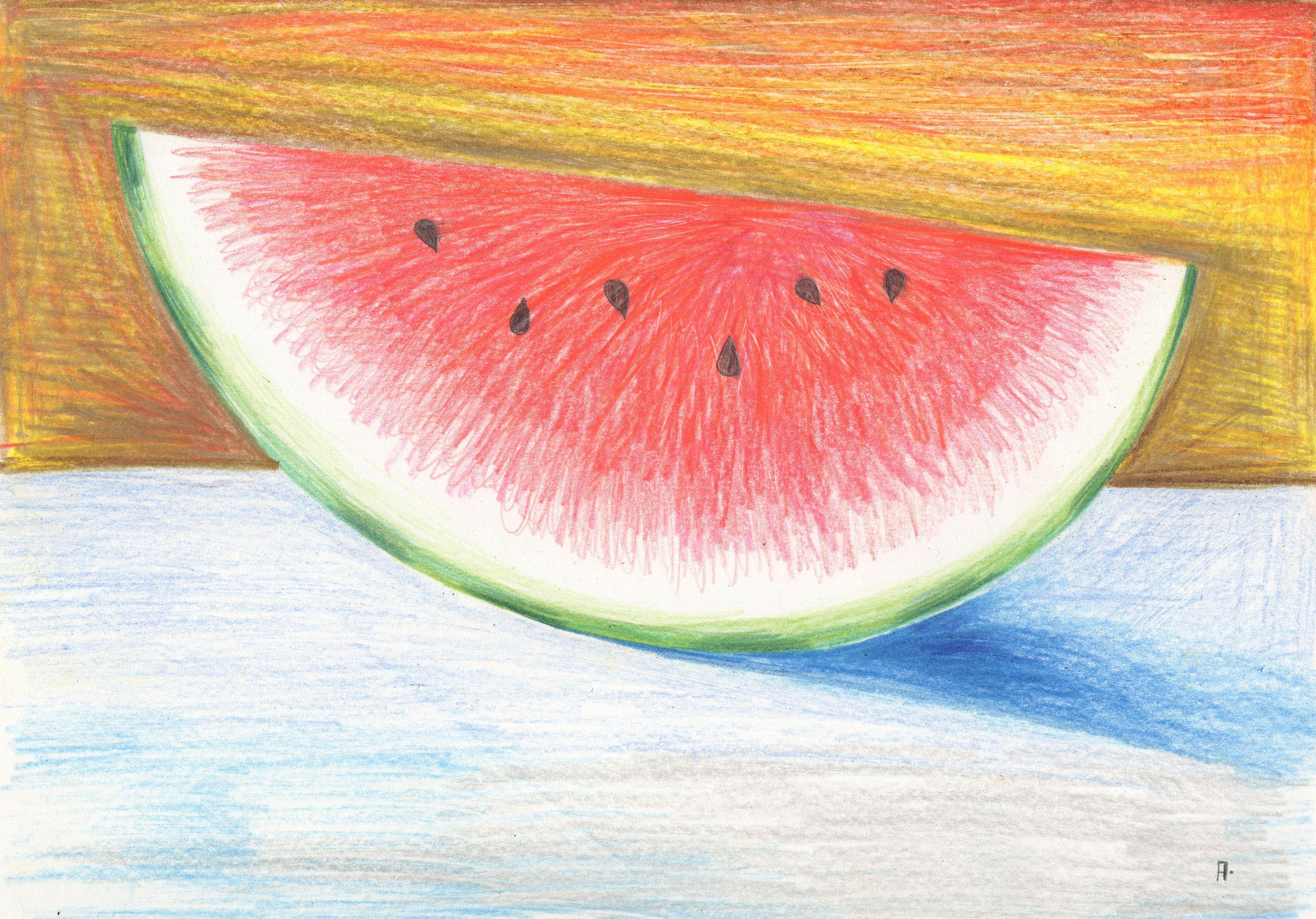 Watermelon Drawing, Drawing, Pencil/Colored Pencil on Paper - Art by Anton Maliar