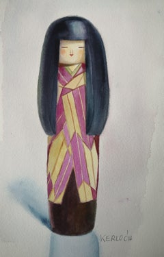 Lila Kokeshi-Puppe, Gemälde, Aquarell auf Aquarellpapier