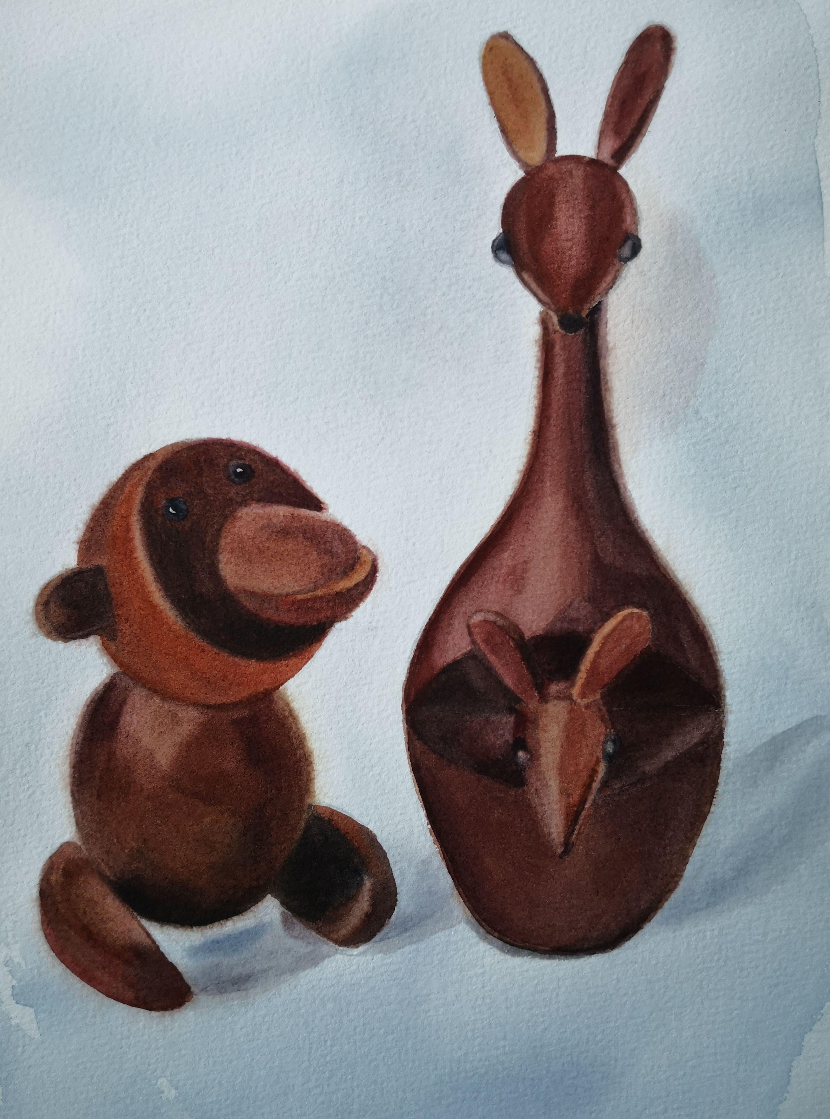Monkey and Kangoroo, Painting, Watercolor on Watercolor Paper - Art by Anyck Alvarez Kerloch