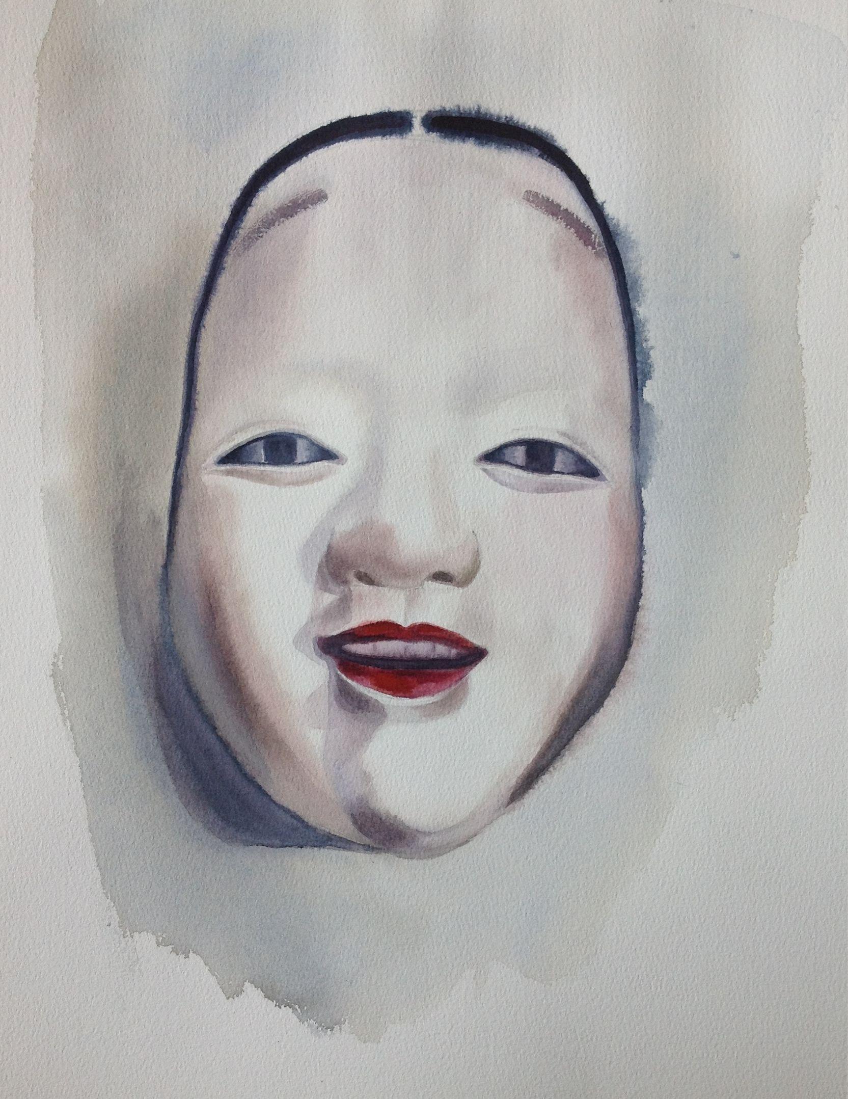 Noh Mask, Painting, Watercolor on Paper - Art by Anyck Alvarez Kerloch