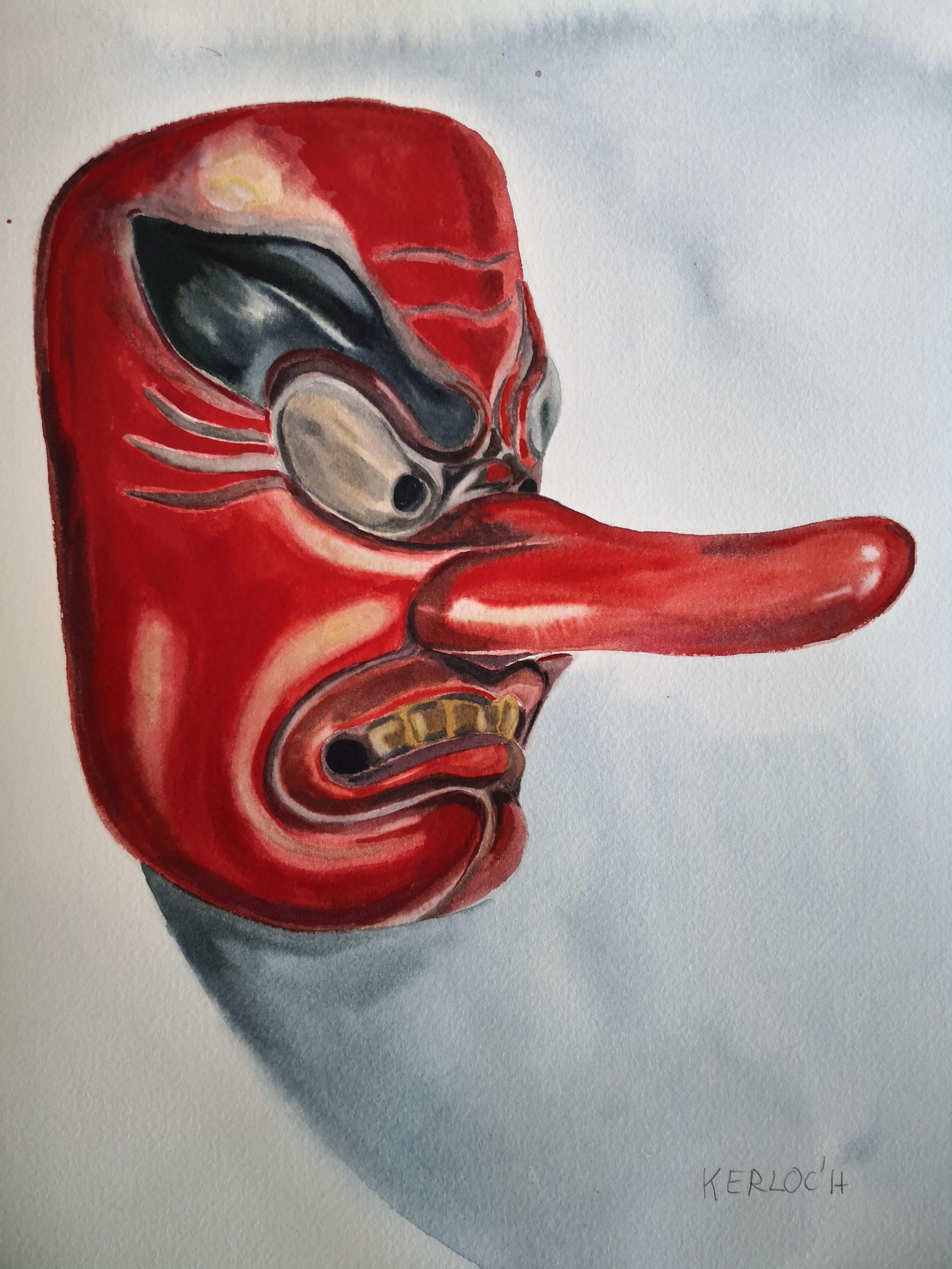 Red Mask, Painting, Watercolor on Paper - Art by Anyck Alvarez Kerloch