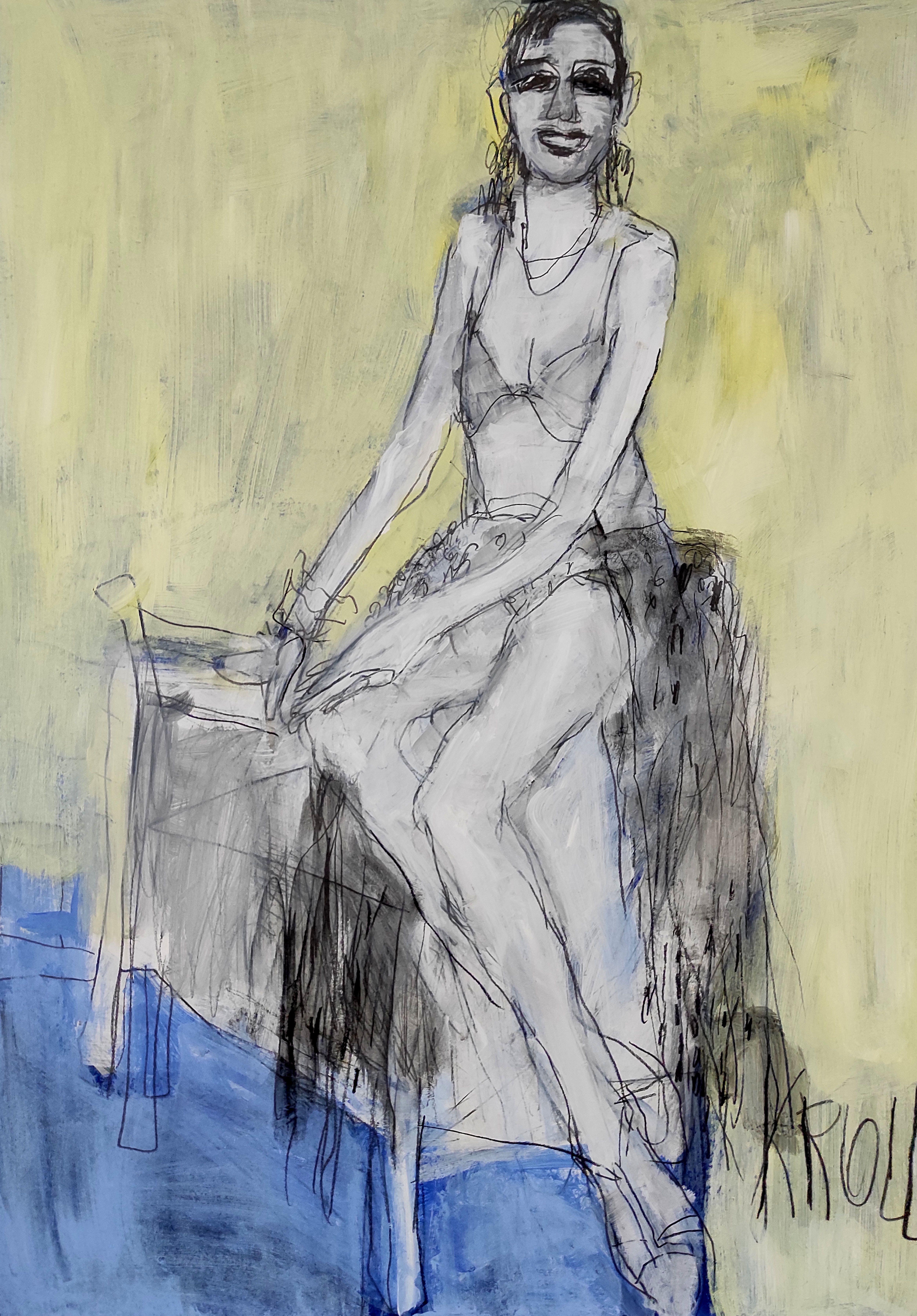 Sitzende Frau VI, Zeichnung, Bleistift/Farbstift auf Papier – Art von Barbara Kroll