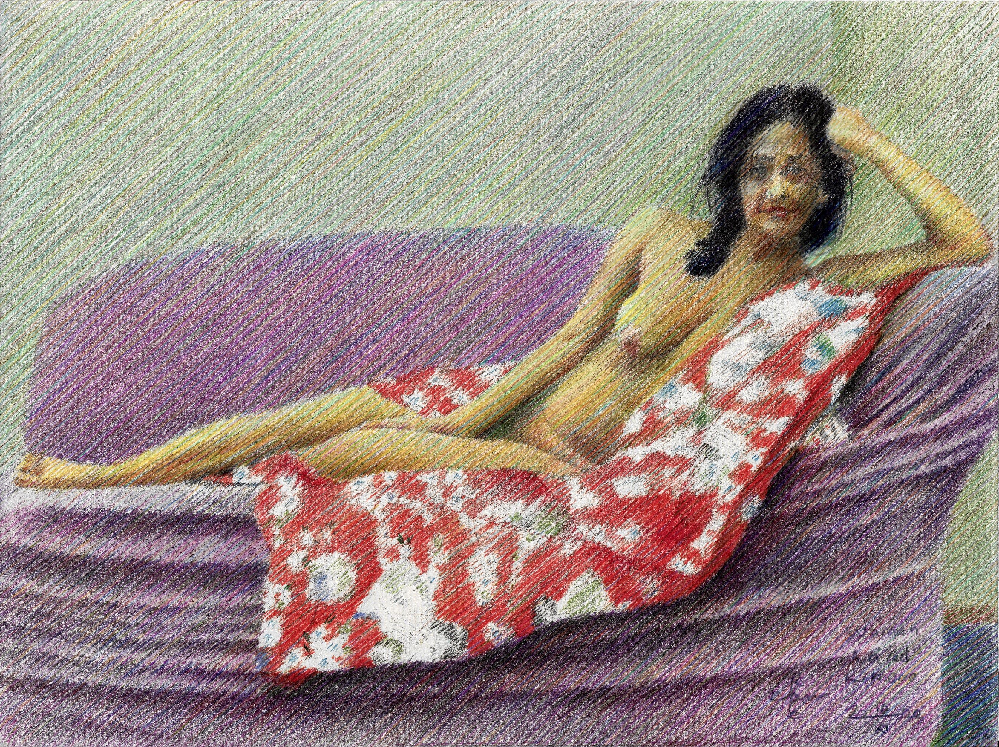 Femme en kimono rouge - 10-11-22, Dessin, crayon à papier/crayon de couleur sur papier - Art de Corne Akkers