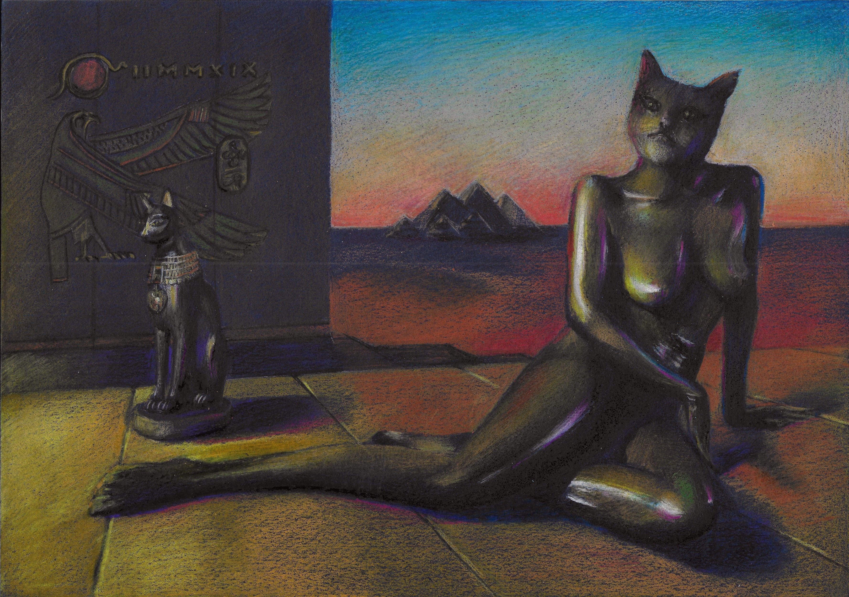 Bastet â€“ 01-01-19, Drawing, Pencil/Colored Pencil on Paper - Art by Corne Akkers