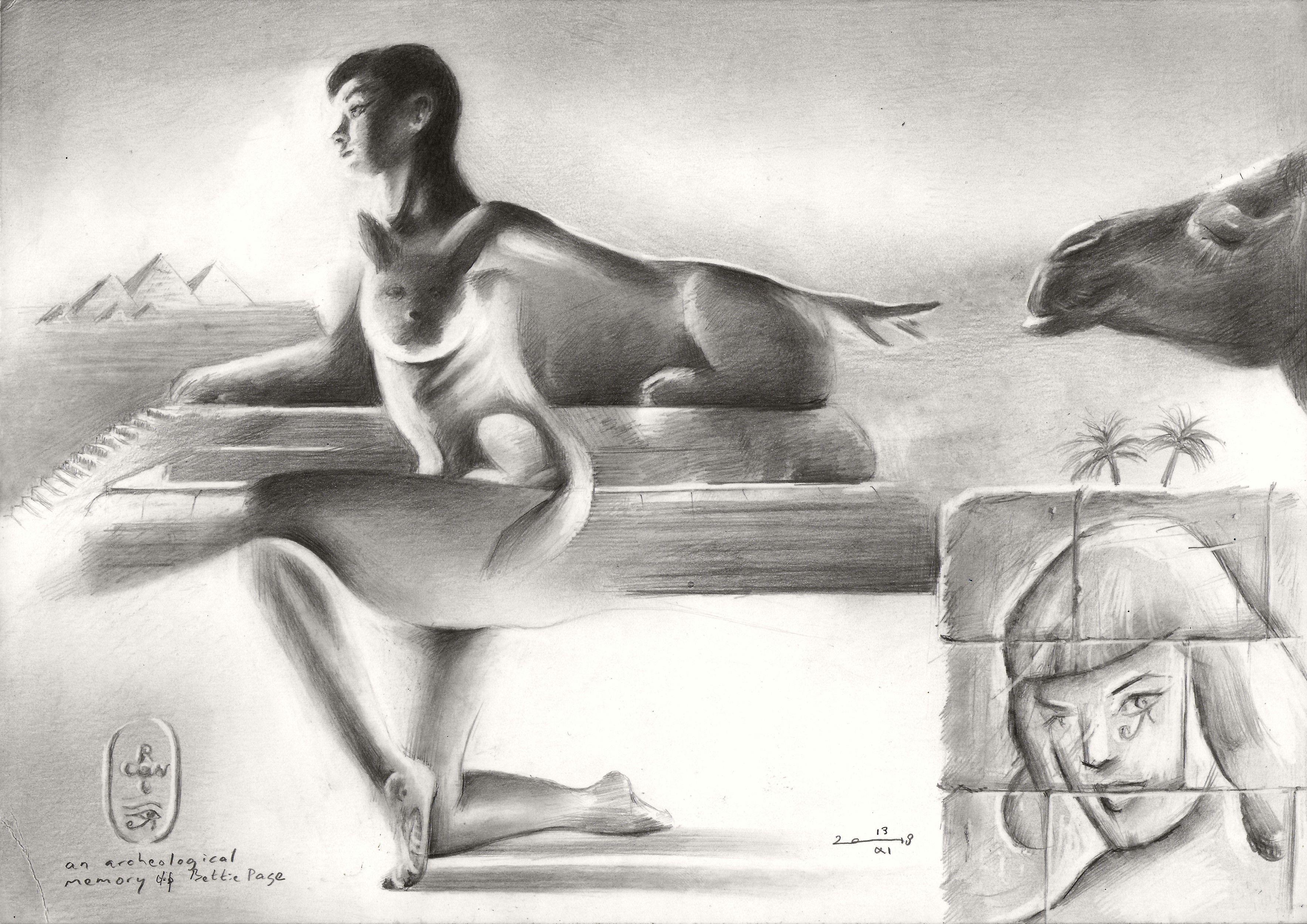 Eine archäologische Erinnerung an Bettie Page â€" 13-11-18, Zeichnung, Bleistift/Farbstift – Art von Corne Akkers