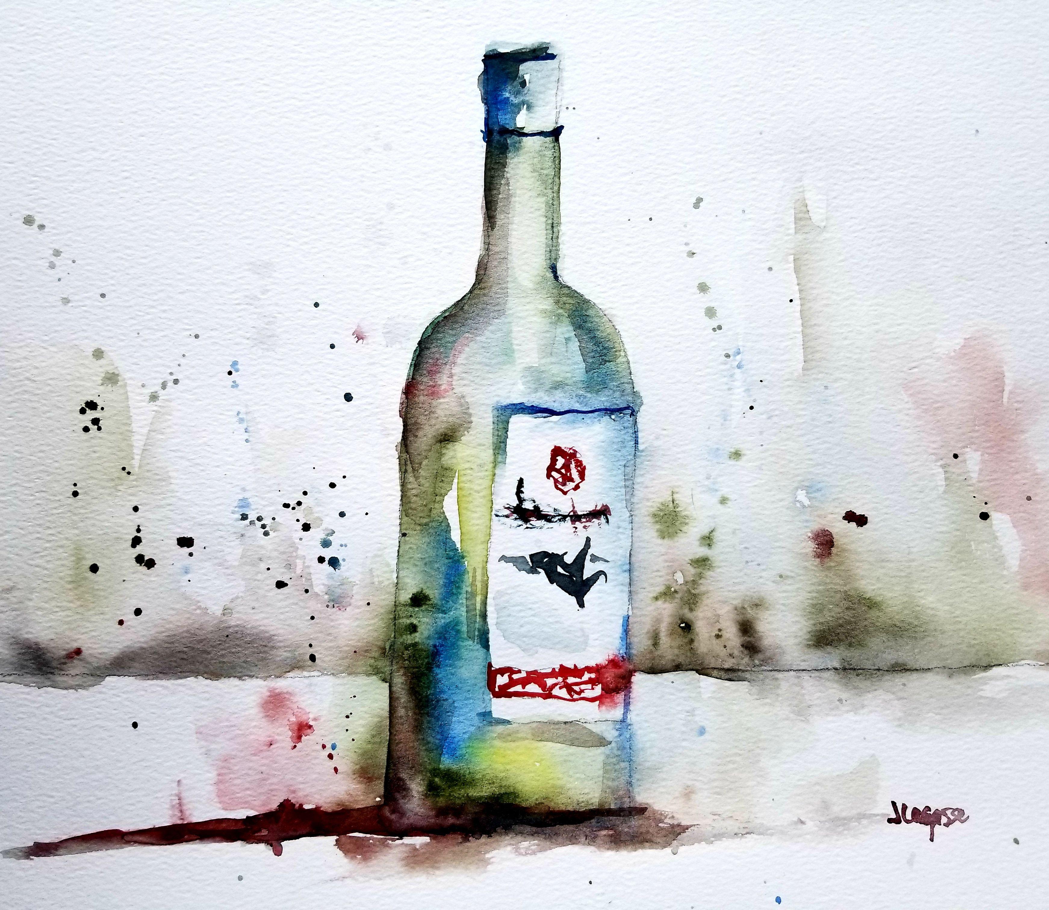 Jim Lagasse Abstract Drawing - Wine Bottle, Painting, Watercolor on Watercolor Paper