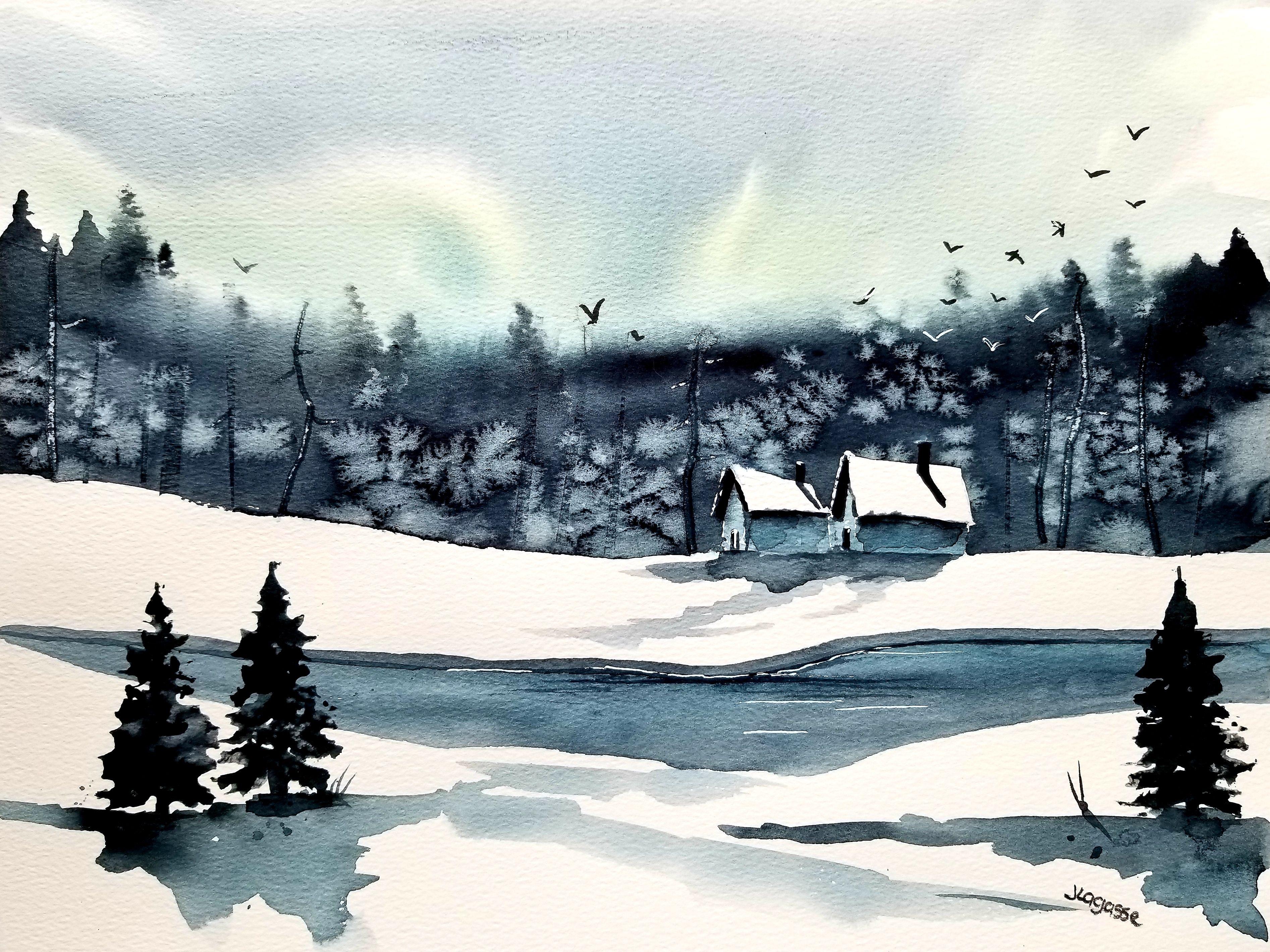 Blue Winter, Painting, Watercolor on Watercolor Paper - Art by Jim Lagasse