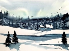 Peinture, aquarelle sur papier aquarelle bleu hiver