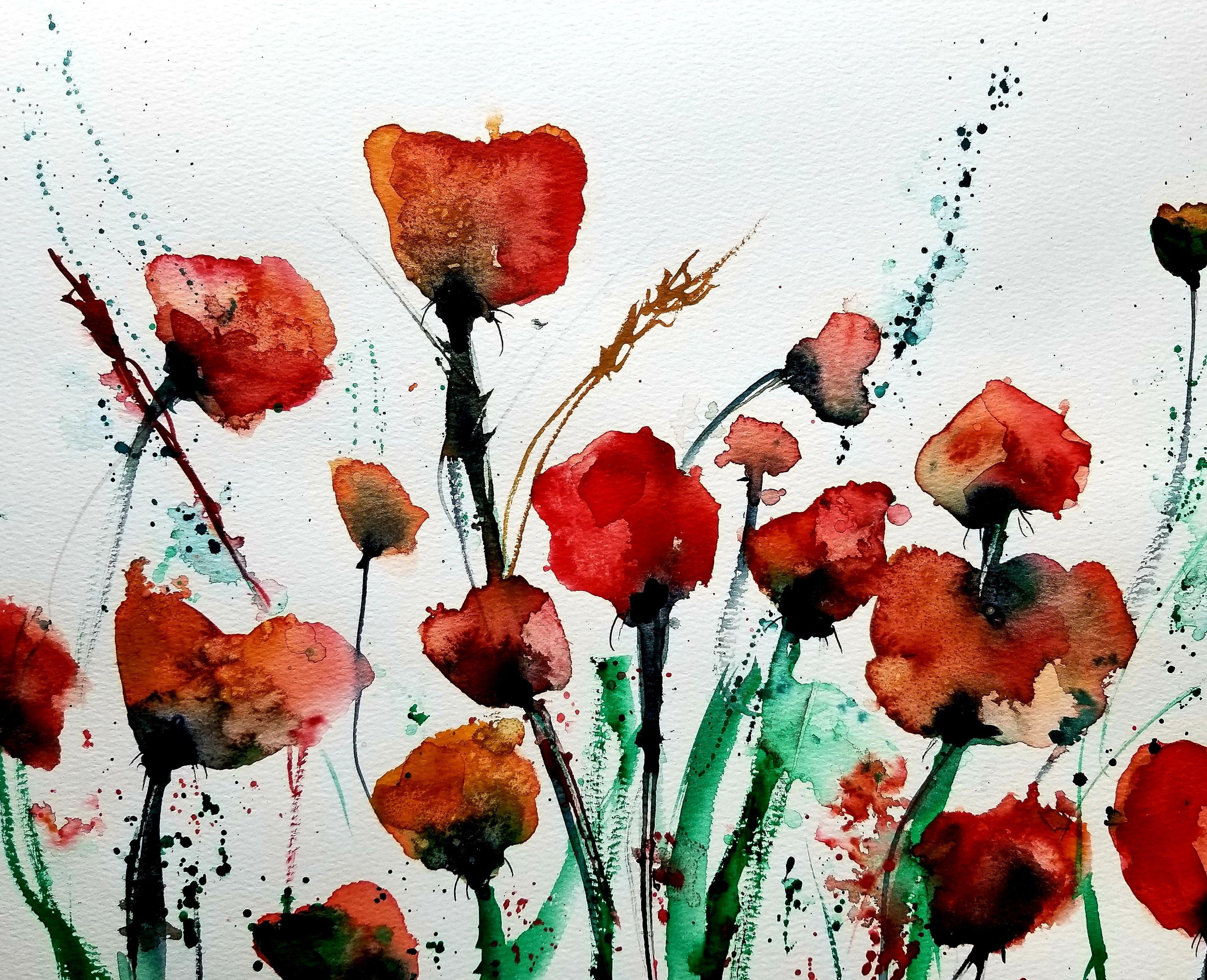 Jim Lagasse Abstract Drawing - Poppy Field, Painting, Watercolor on Watercolor Paper