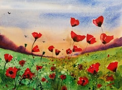 Champs de coquelicots, peinture, aquarelle sur papier aquarelle