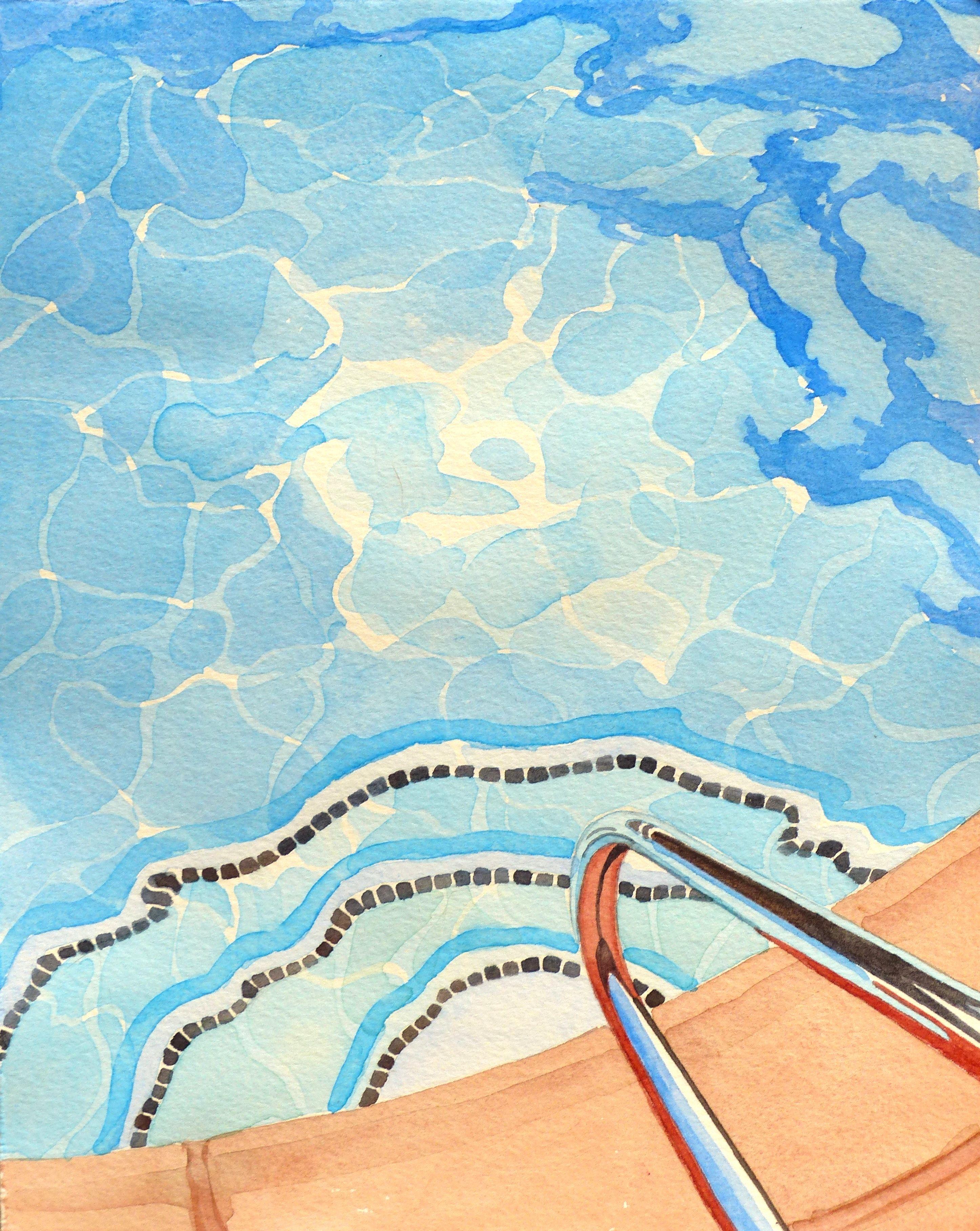 Sun Patterns in the Pool, Painting, Watercolor on Watercolor Paper - Art by Leslie White