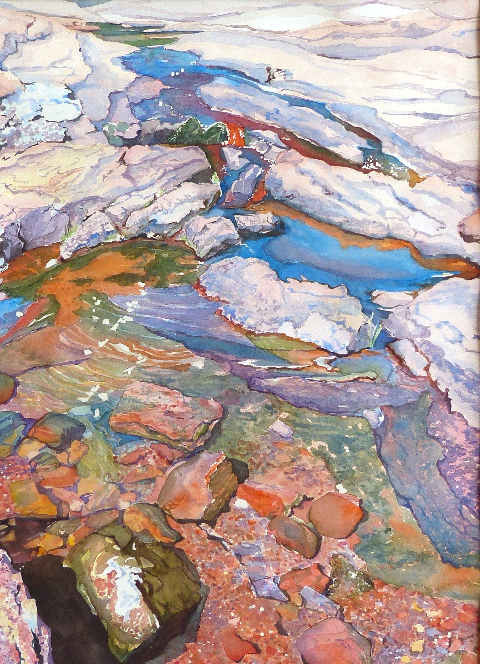Stream at Enchanted Rock, peinture, aquarelle sur papier aquarelle - Art de Leslie White