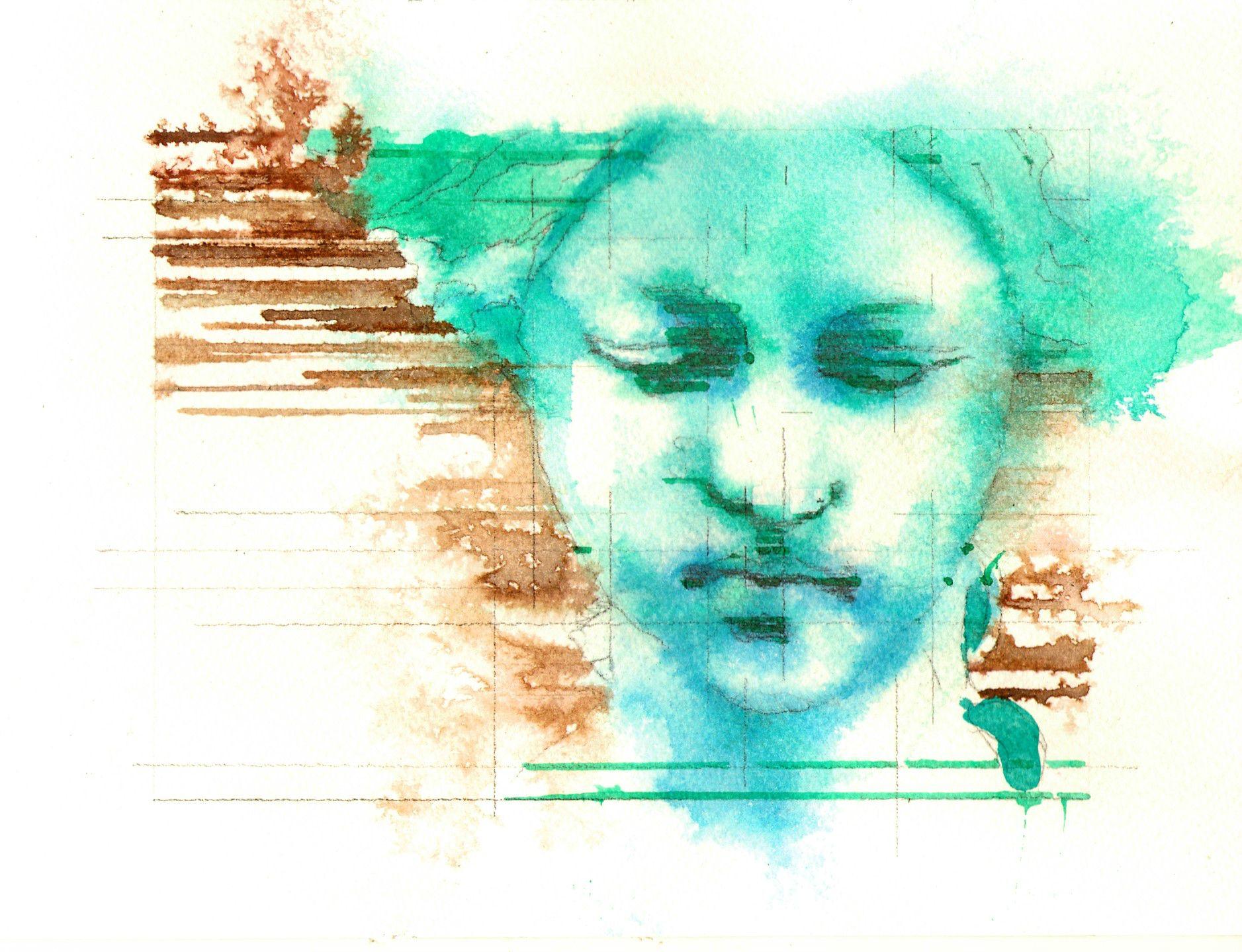 Interpretation I Dreamy Maiden, Drawing, Pen & Ink on Watercolor Paper - Art by Pavel Kasparek