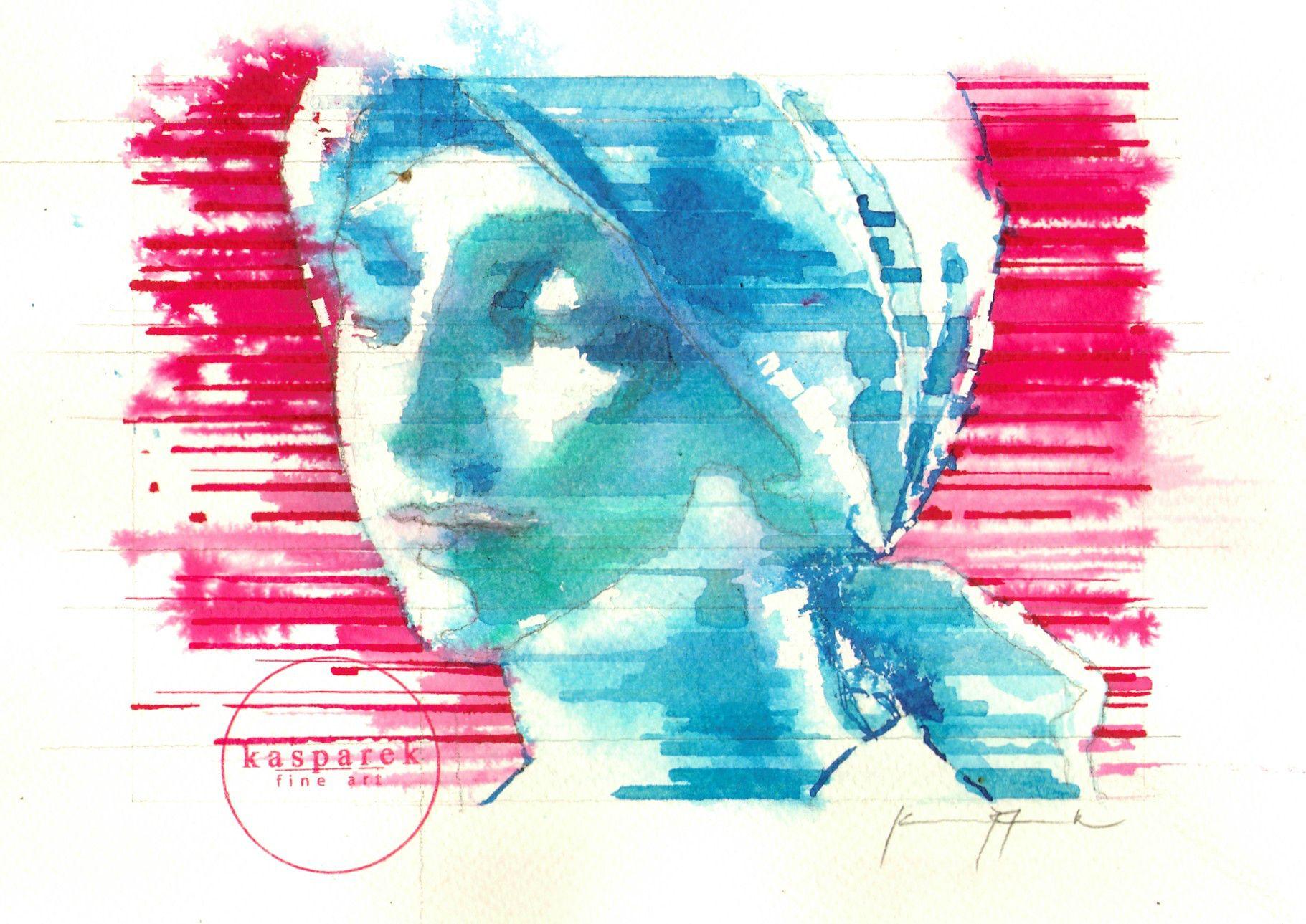 Interpretation I Girl with a Headscarf, Drawing, Pen & Ink on Paper - Art by Pavel Kasparek