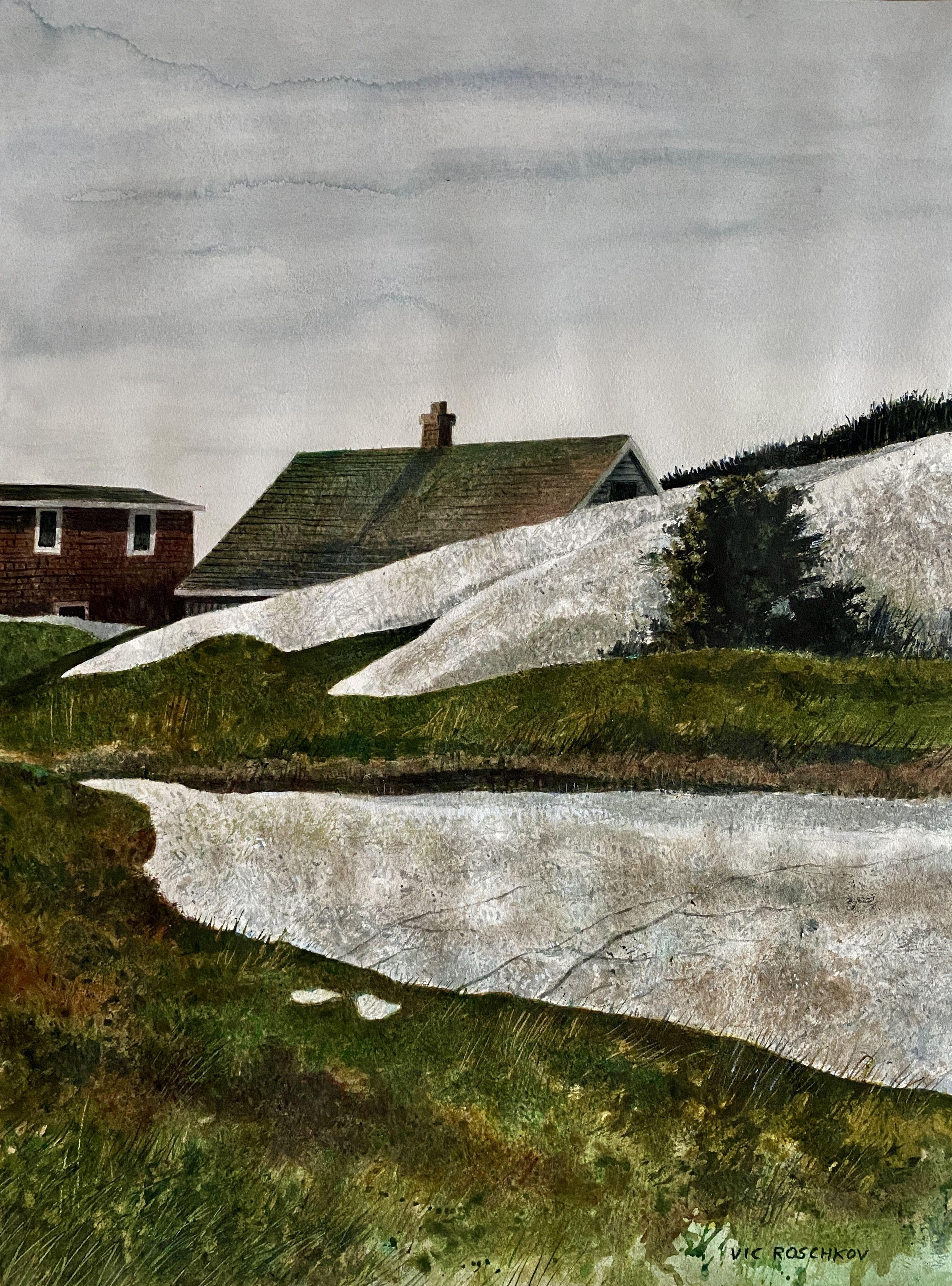 Au-delà des roches, peinture, aquarelle sur papier aquarelle - Art de Victor Roschkov