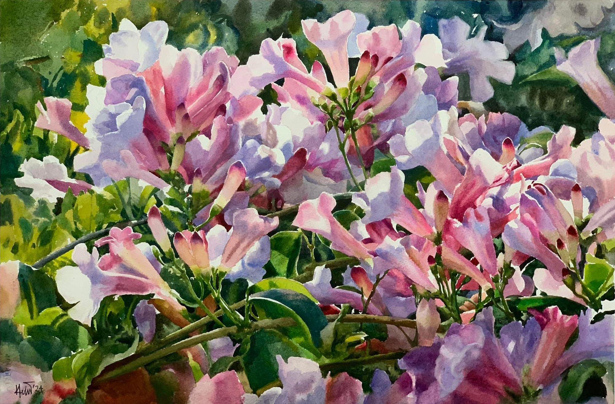 Garlic Vine Blume, Gemälde, Aquarell auf Aquarellpapier – Art von Helal Uddin