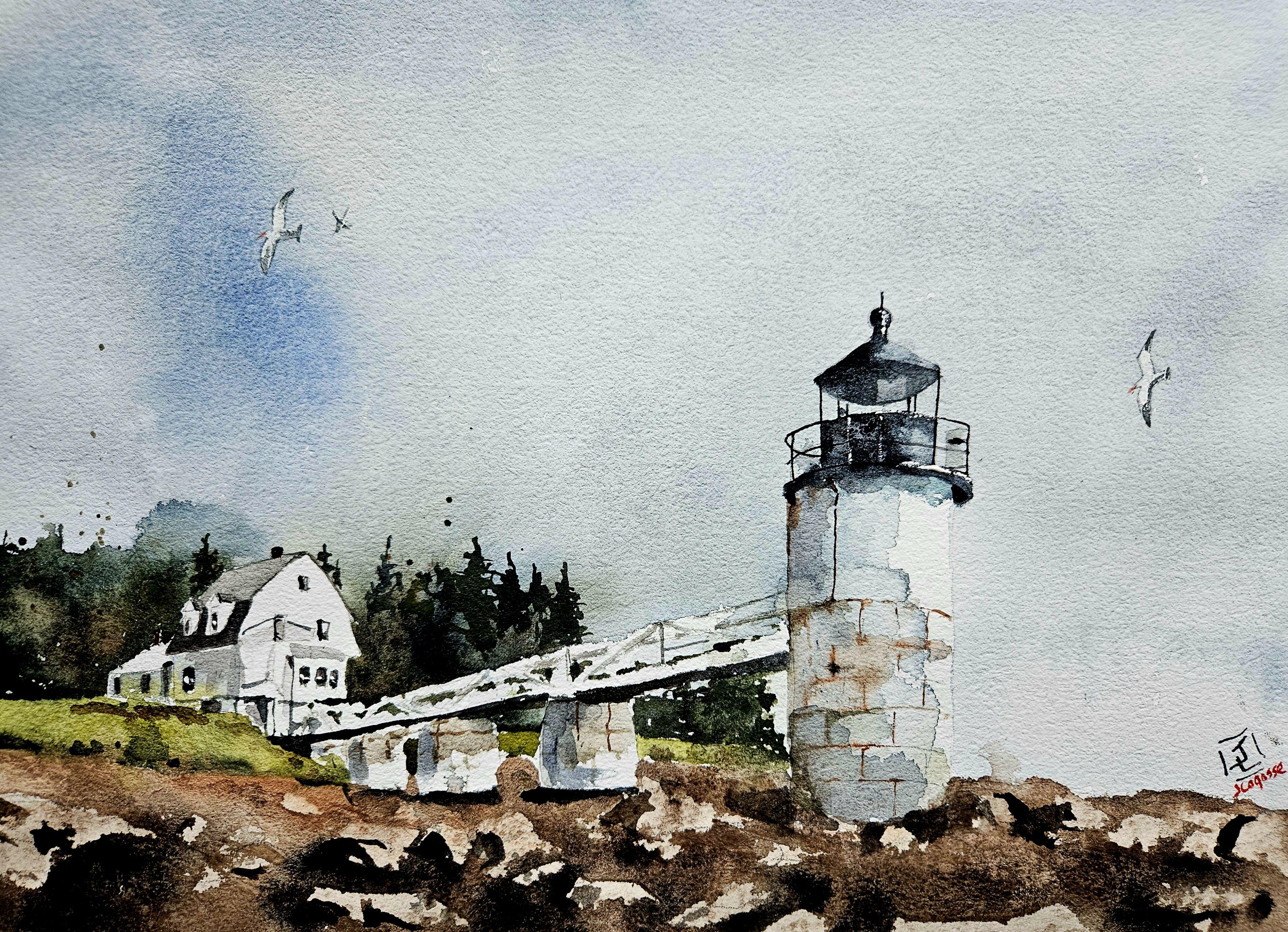 Maine Lighthouse, Painting, Watercolor on Watercolor Paper