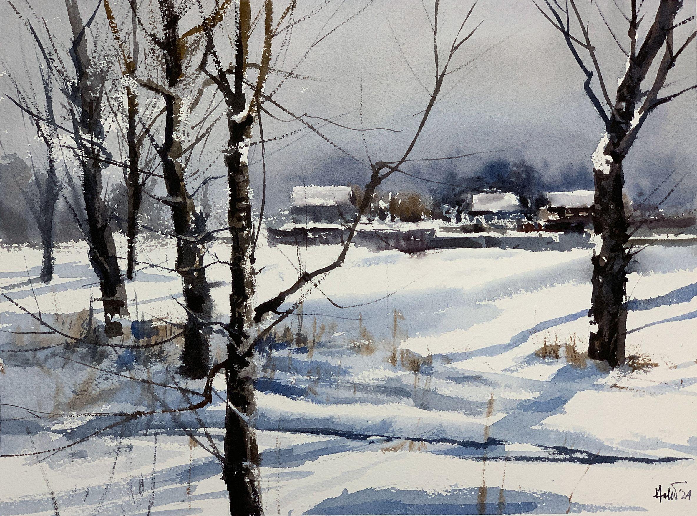 Neige au Canada 09, peinture, aquarelle sur papier - Art de Helal Uddin