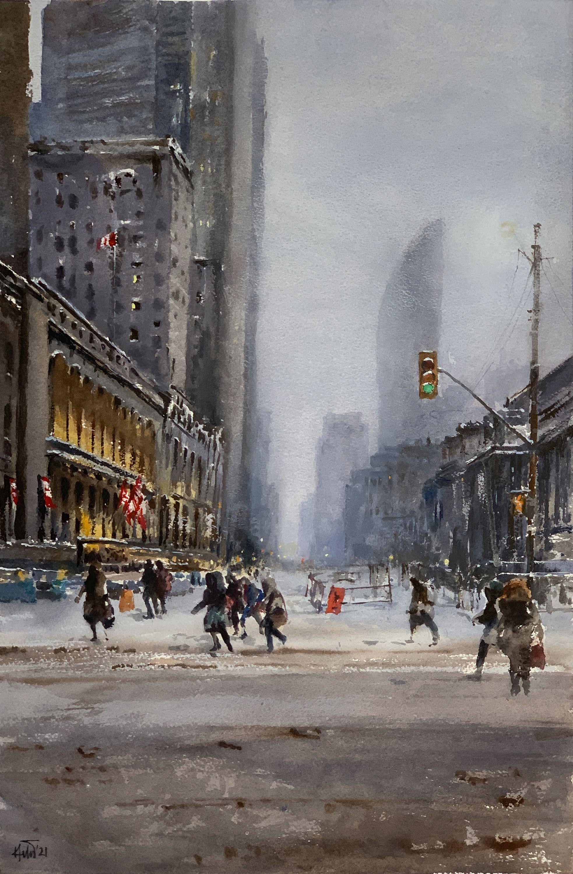 Mañana de nieve en Canadá, Pintura, Acuarela sobre papel - Art de Helal Uddin