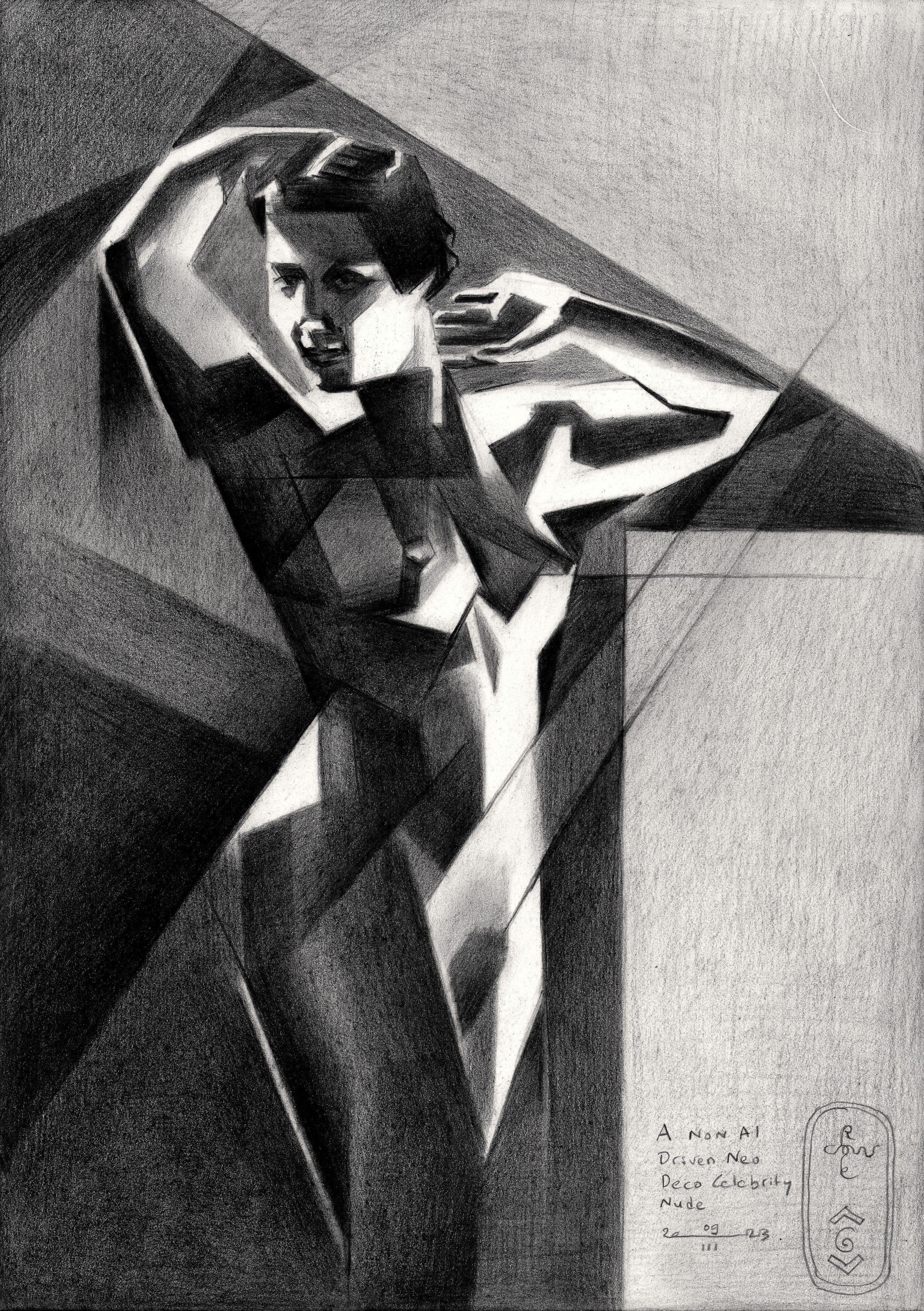 A Non AI-Driven Neo Deco Celebrity Nude â€“ 09-03-23, Drawing, Pencil/Colored Pe - Art by Corne Akkers