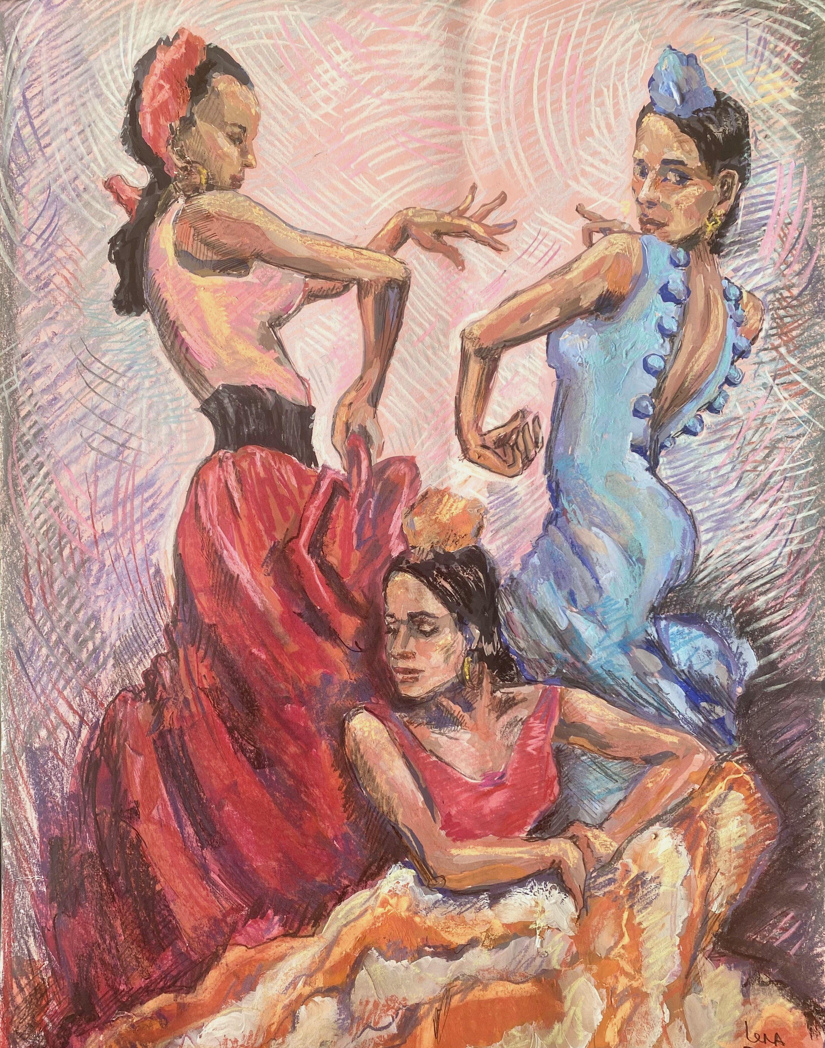 Silhouettes. 3 flamenco girls, Drawing, Pastels on Paper 1