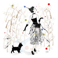 Eva and her Dog - Dog Art - Fashion - Dog Sitter, Drawing, Pen & Ink on Paper