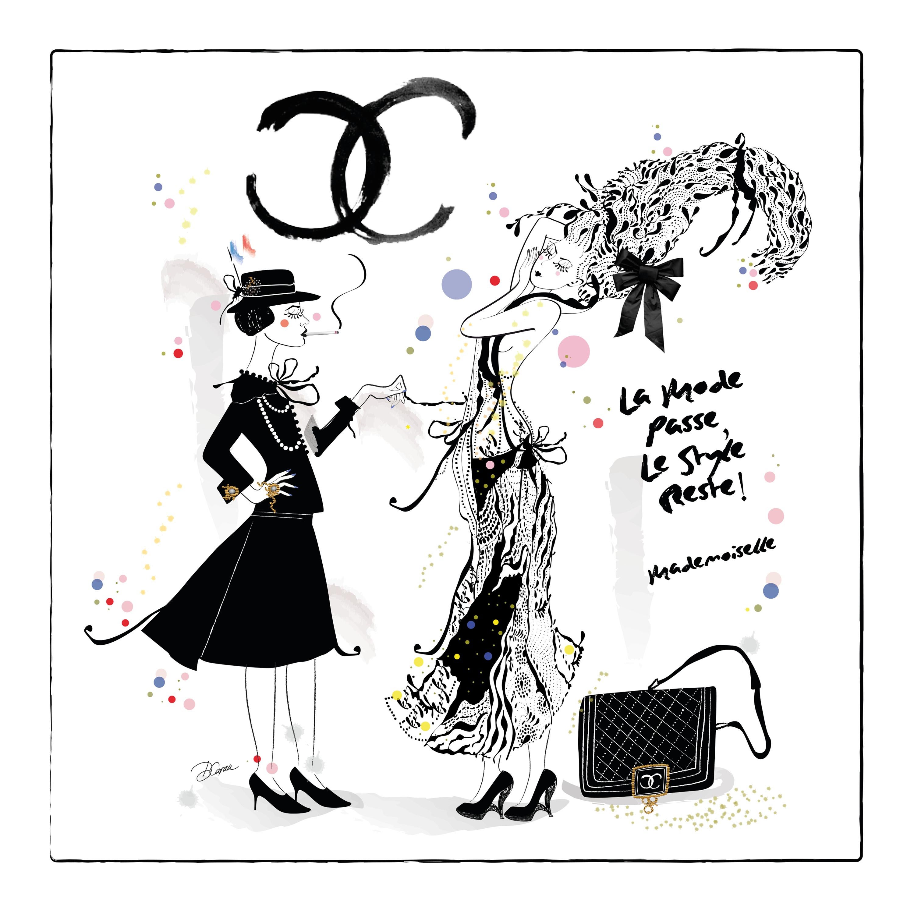 Coco Chanel - Mademoiselle, dessin, stylo et encre sur papier aquarelle - Art de Artemisia Fine Art