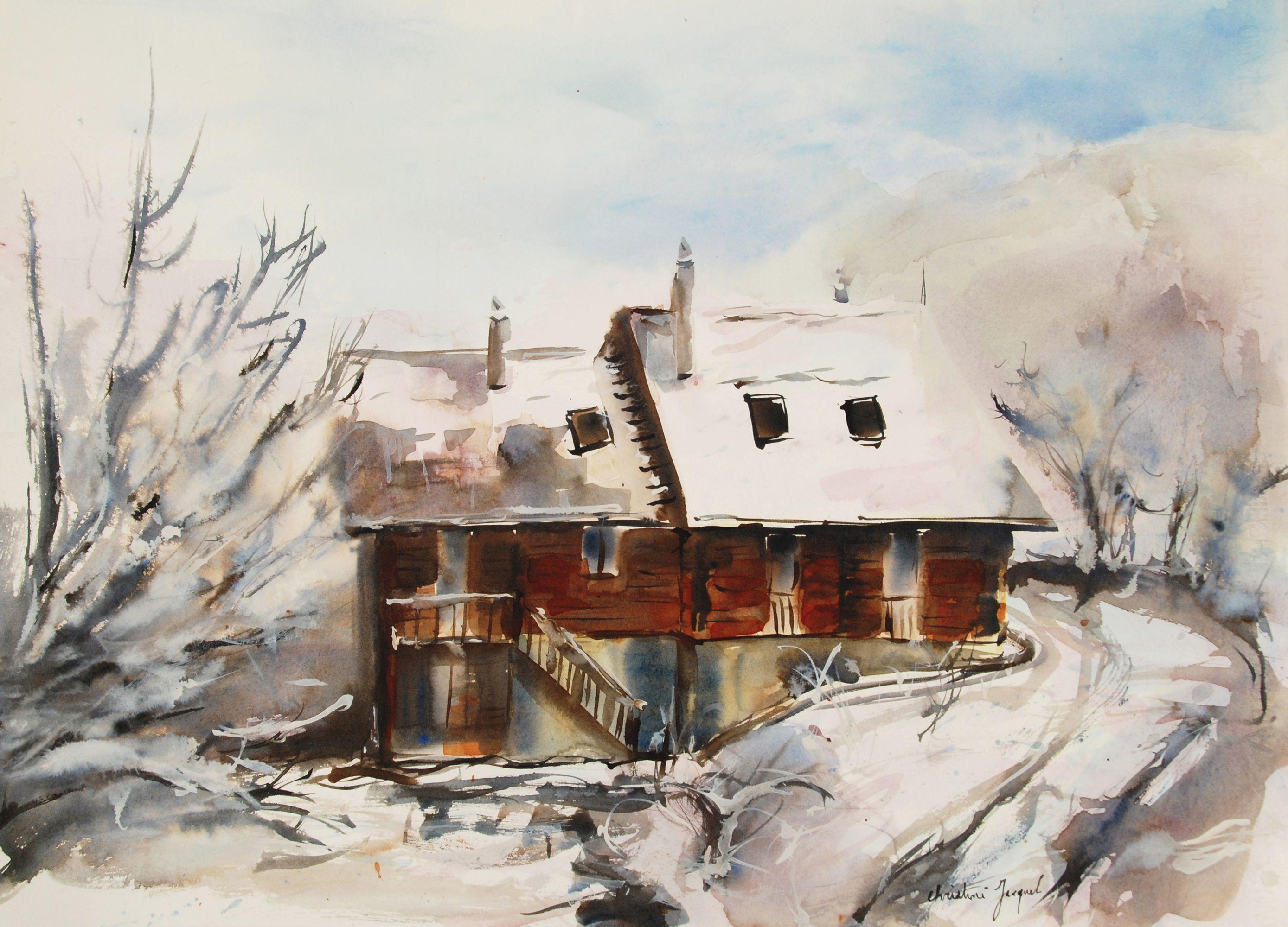 Chalet dans la montagne en hiver, Pintura, Acuarela sobre papel - Art de Christine Jacquel