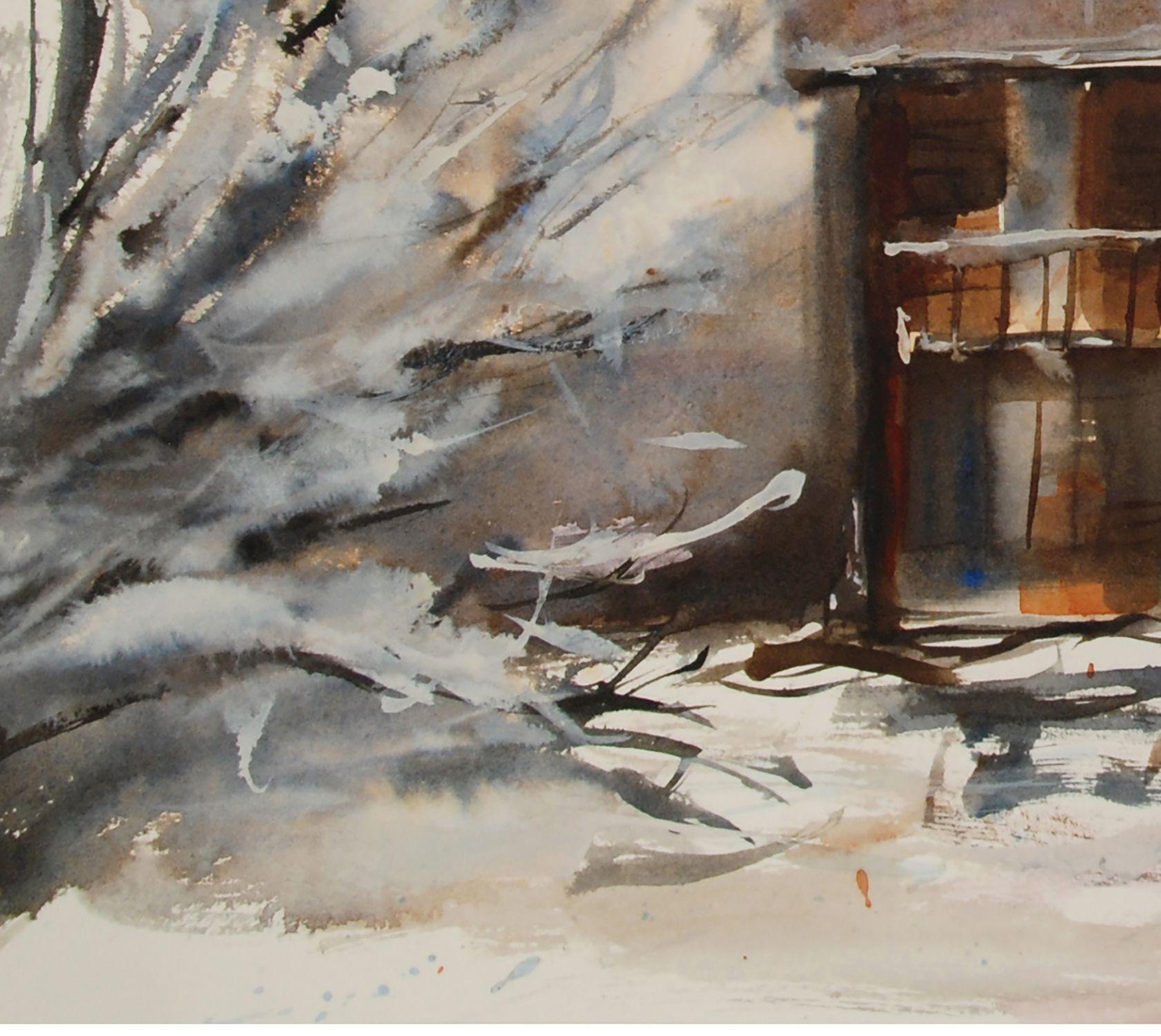 Chalet dans la montagne en hiver, Painting, Watercolor on Paper - Contemporary Art by Christine Jacquel