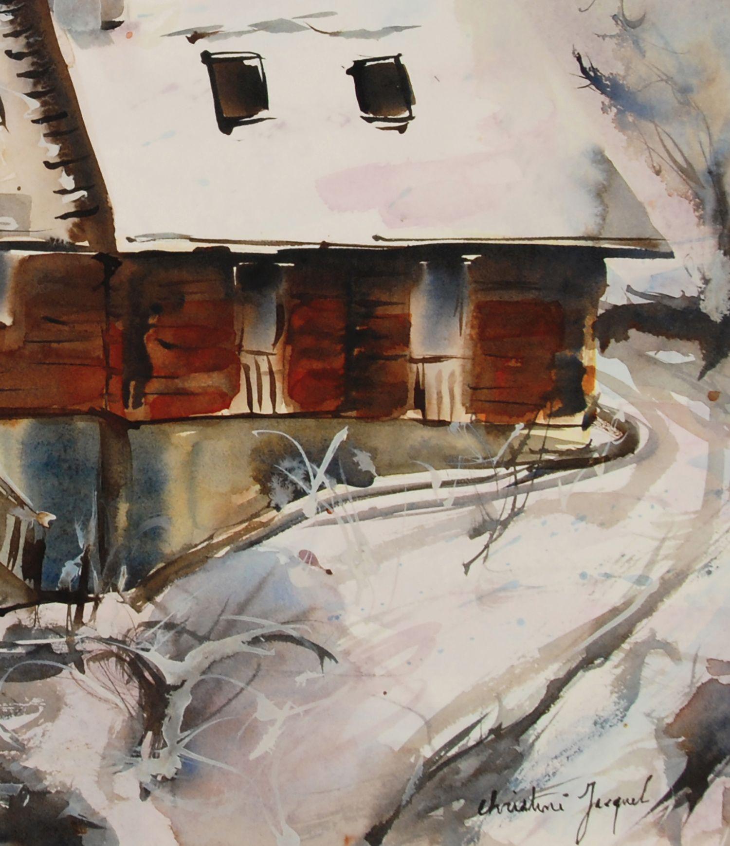 Paysage d'hiver avec un chalet de haute montagne sous la neige. Una pequeña iluminación de cielo azul ilumina la pintura. GÃ®te de montagne en hiver. He pintado esta acuarela sobre un papel de 640 g Fabriano Artistico satinado con acuarelas