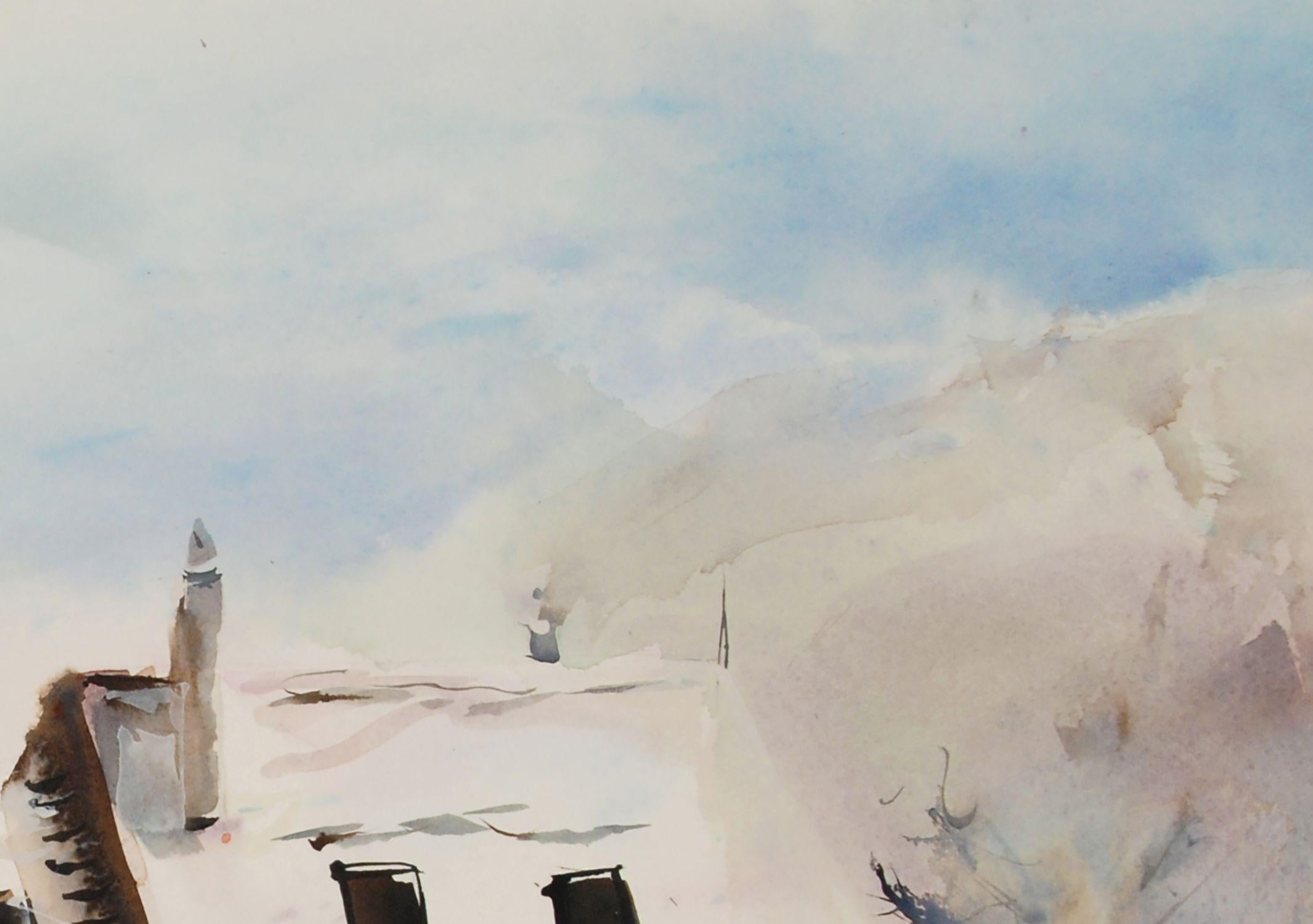 Chalet dans la montagne en hiver, Painting, Watercolor on Paper For Sale 1