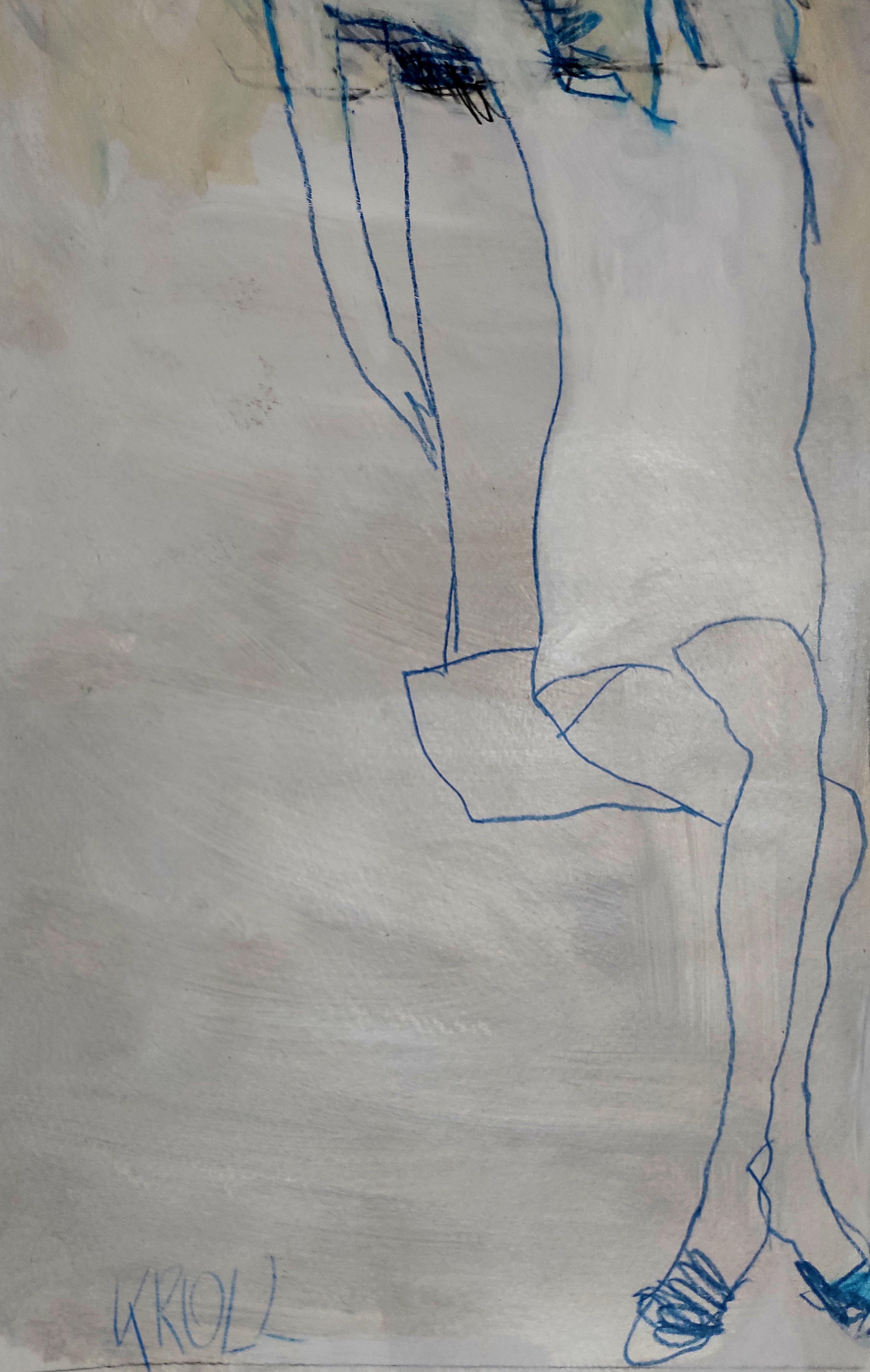 Femme assise en bleu, dessin, crayon/crayon de couleur sur papier - Expressionniste Art par Barbara Kroll
