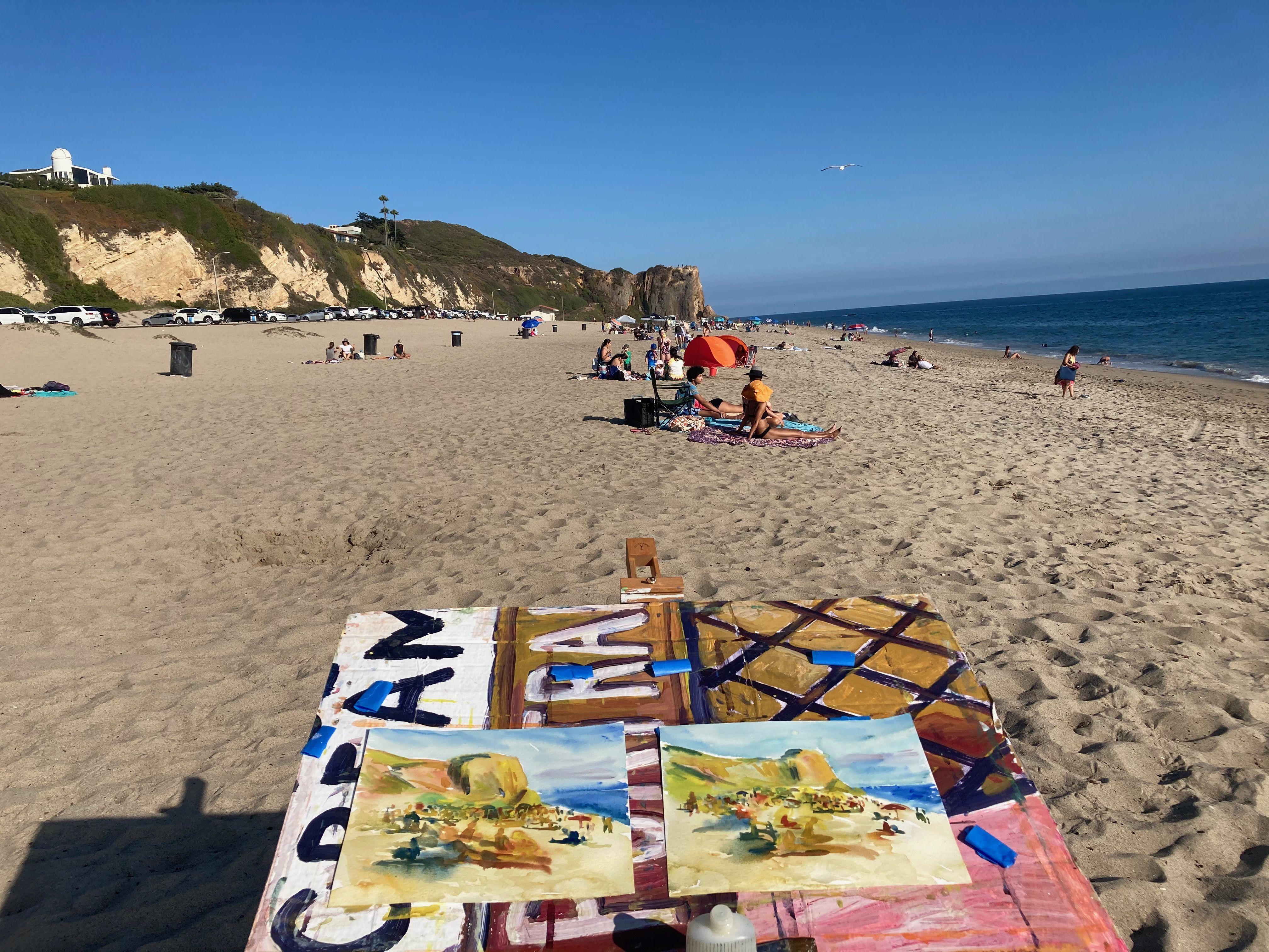 Von diesem Blick auf den Westward Beach (das westliche Ende des Zuma Beach in Malibu, Kalifornien) habe ich gleichzeitig zwei Aquarelle gemalt. Dies ist Nummer 2. :: Gemälde :: Impressionist :: Dieses Werk wird mit einem offiziellen, vom Künstler