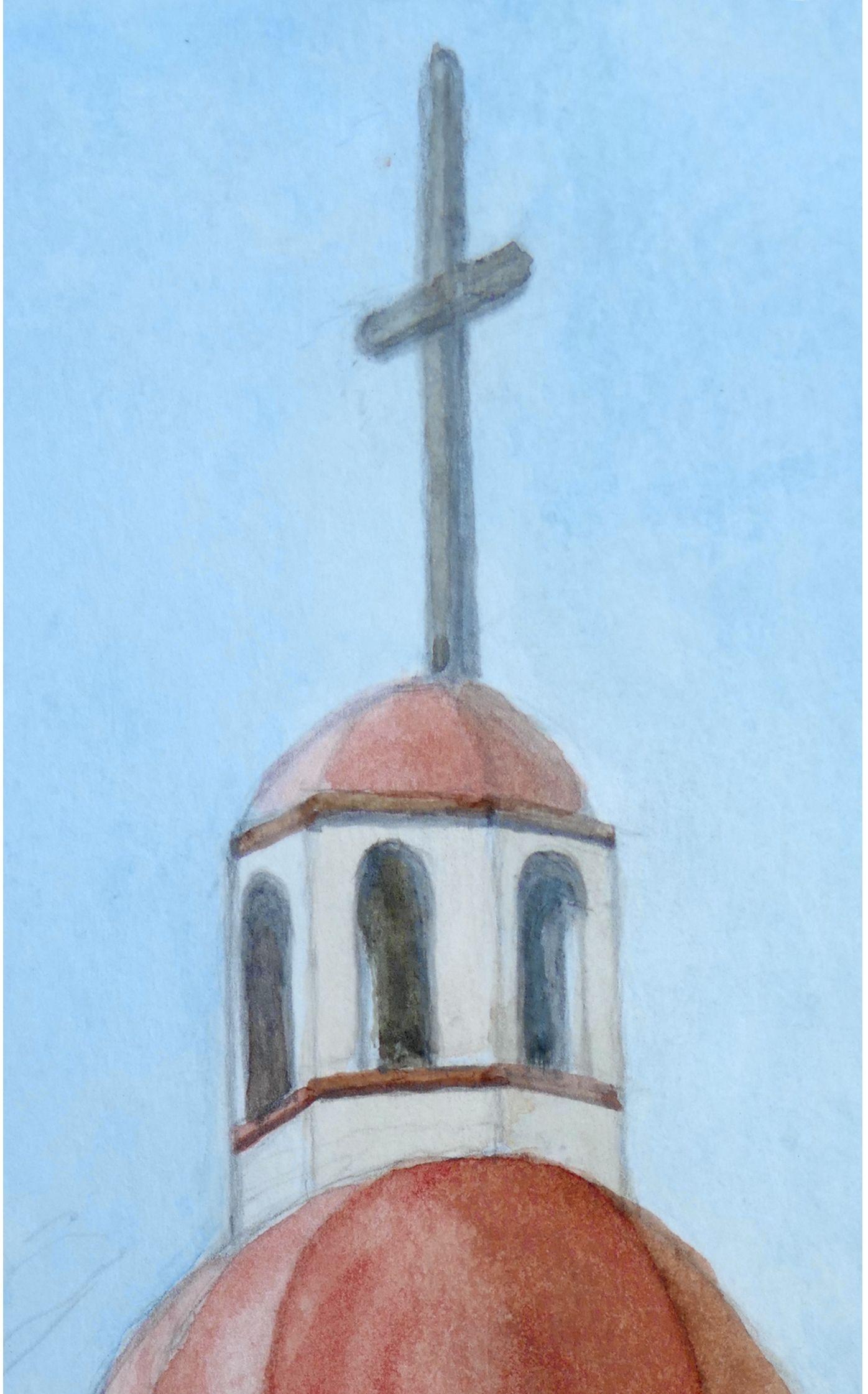 Steeple and bell tower of The Virgin of Guadalupe Church in Ajijic, Mexico :: Painting :: Realism :: This piece comes with an official certificate of authenticity signed by the artist :: Ready to Hang: No :: Signed: Yes :: Signature Location: Lower
