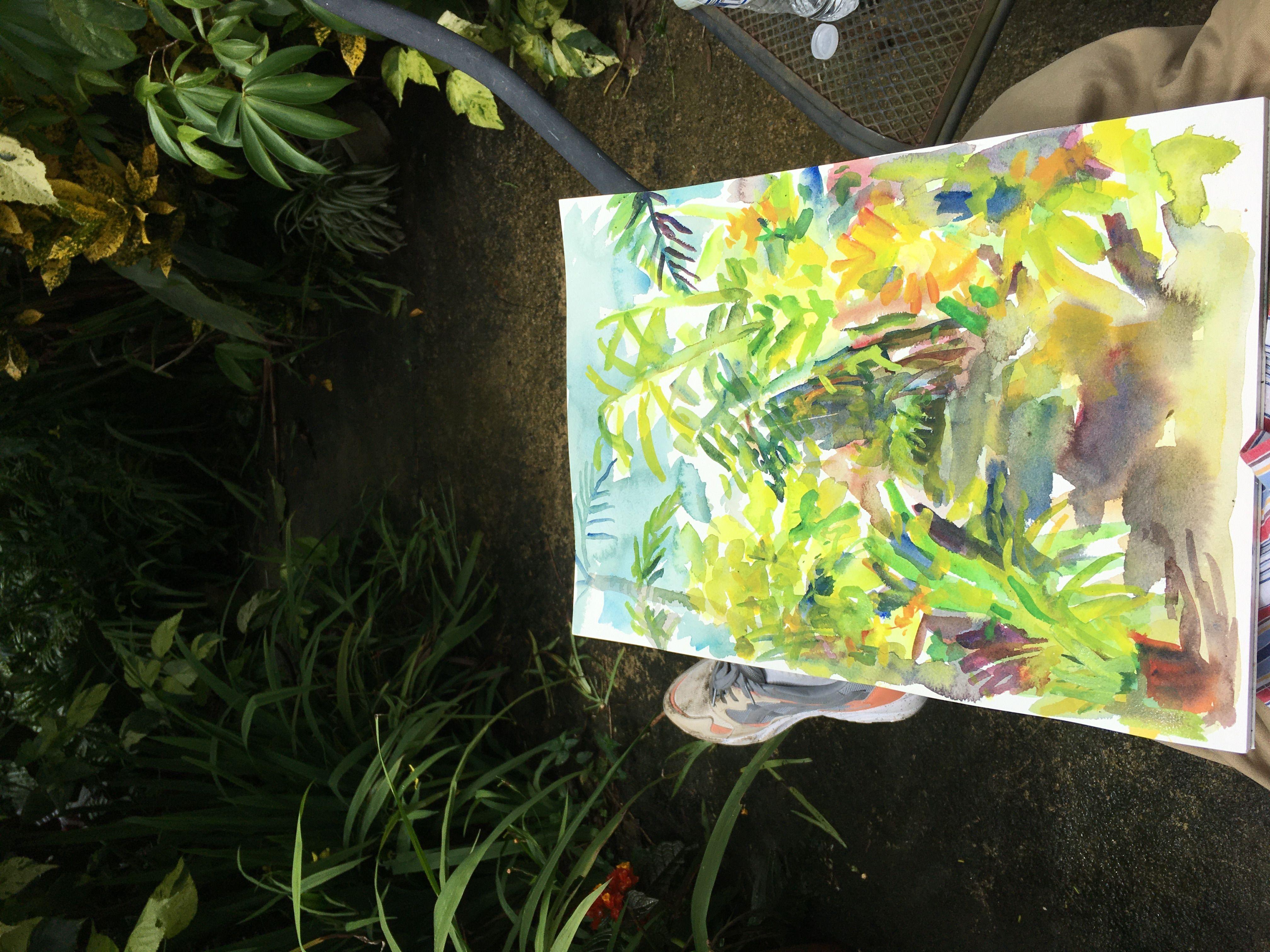Plein air-Aquarell, gemalt während der Ausgangssperre in Caguas, Puerto Rico im März 2020. :: Gemälde :: Impressionist :: Dieses Werk wird mit einem offiziellen, vom Künstler unterzeichneten Echtheitszertifikat geliefert :: Ready to Hang: Nein ::