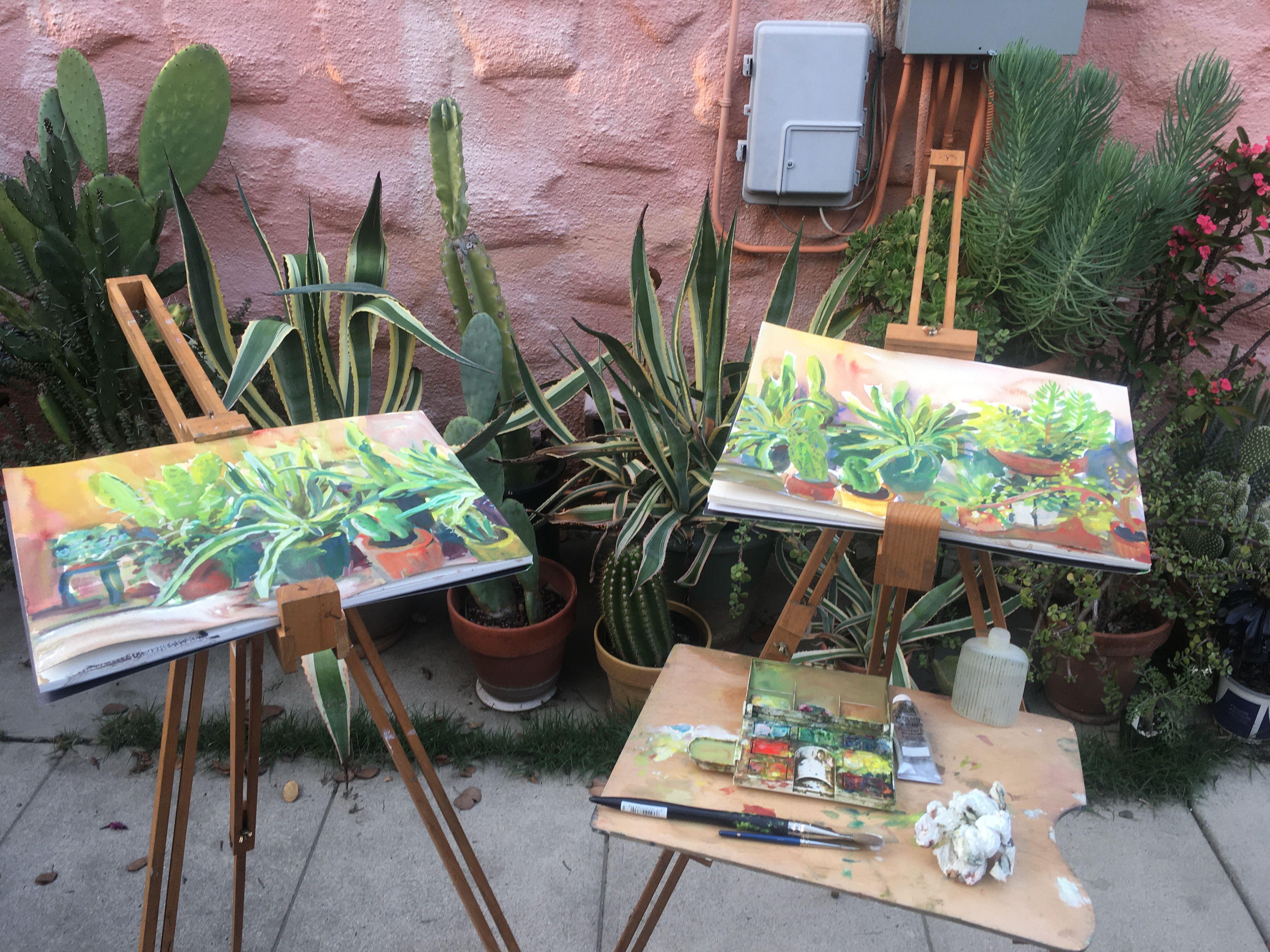 Pleinair-Aquarell der Kaktuspflanzen im Hinterhof. Ich habe zwei Aquarelle zur gleichen Zeit gemalt. Der andere ist auch aufgelistet. Es trägt den Titel 