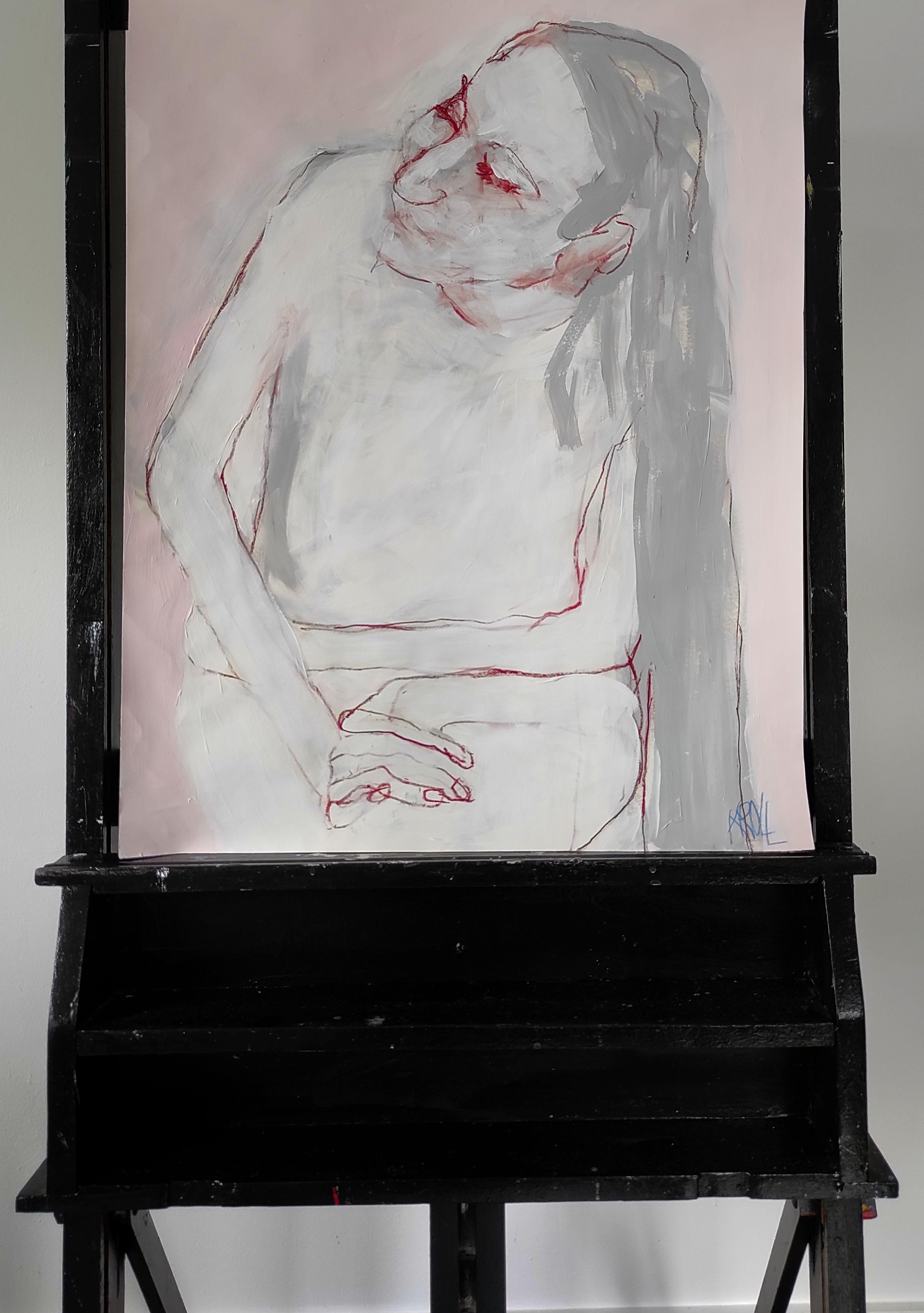 Mädchen mit langem Haar, Zeichnung, Bleistift/Farbstift auf Papier (Expressionismus), Art, von Barbara Kroll