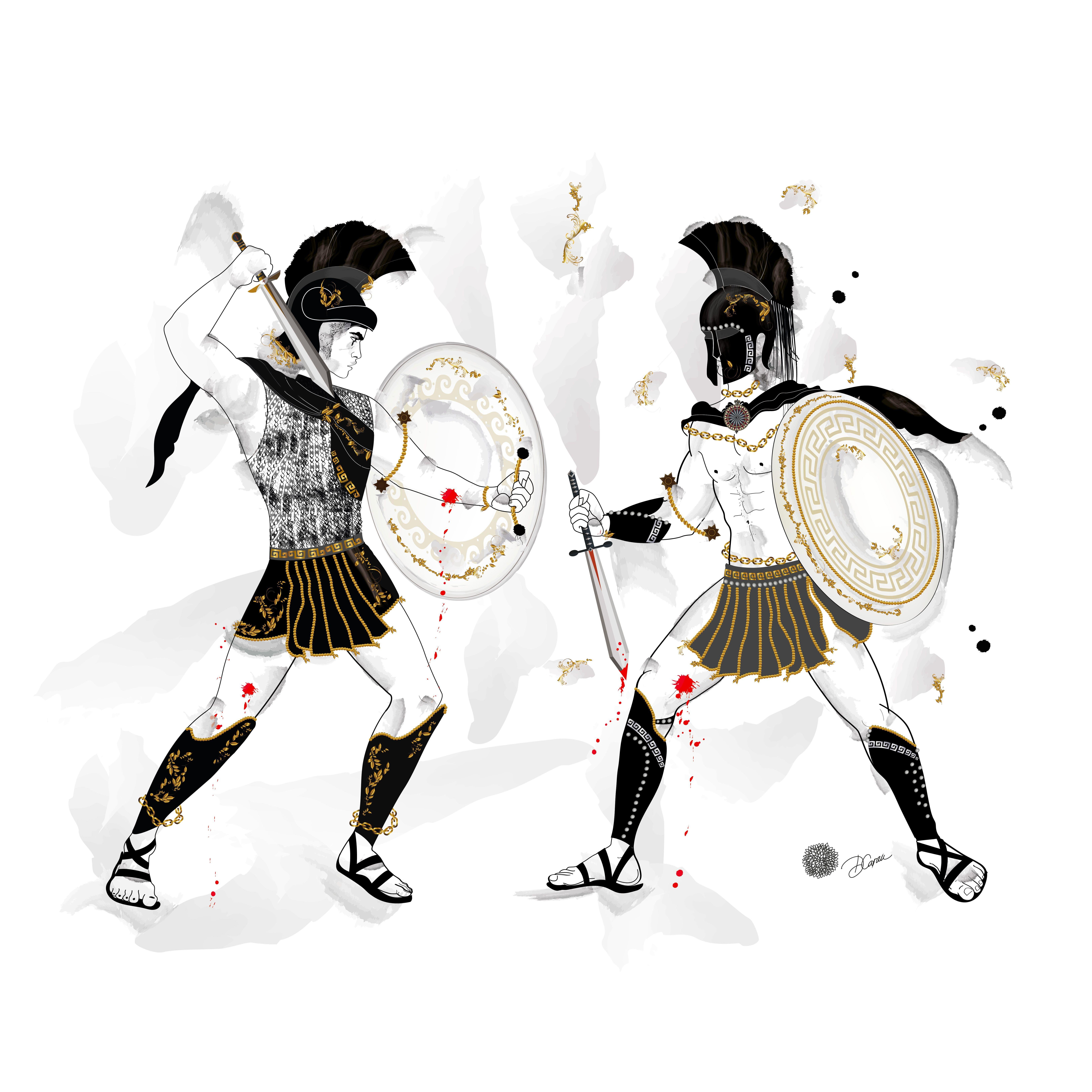 Achilles alssailed Hector - Troy - Epic - Mytologie, Zeichnung, Stift und Tinte auf Papier – Art von Artemisia Fine Art