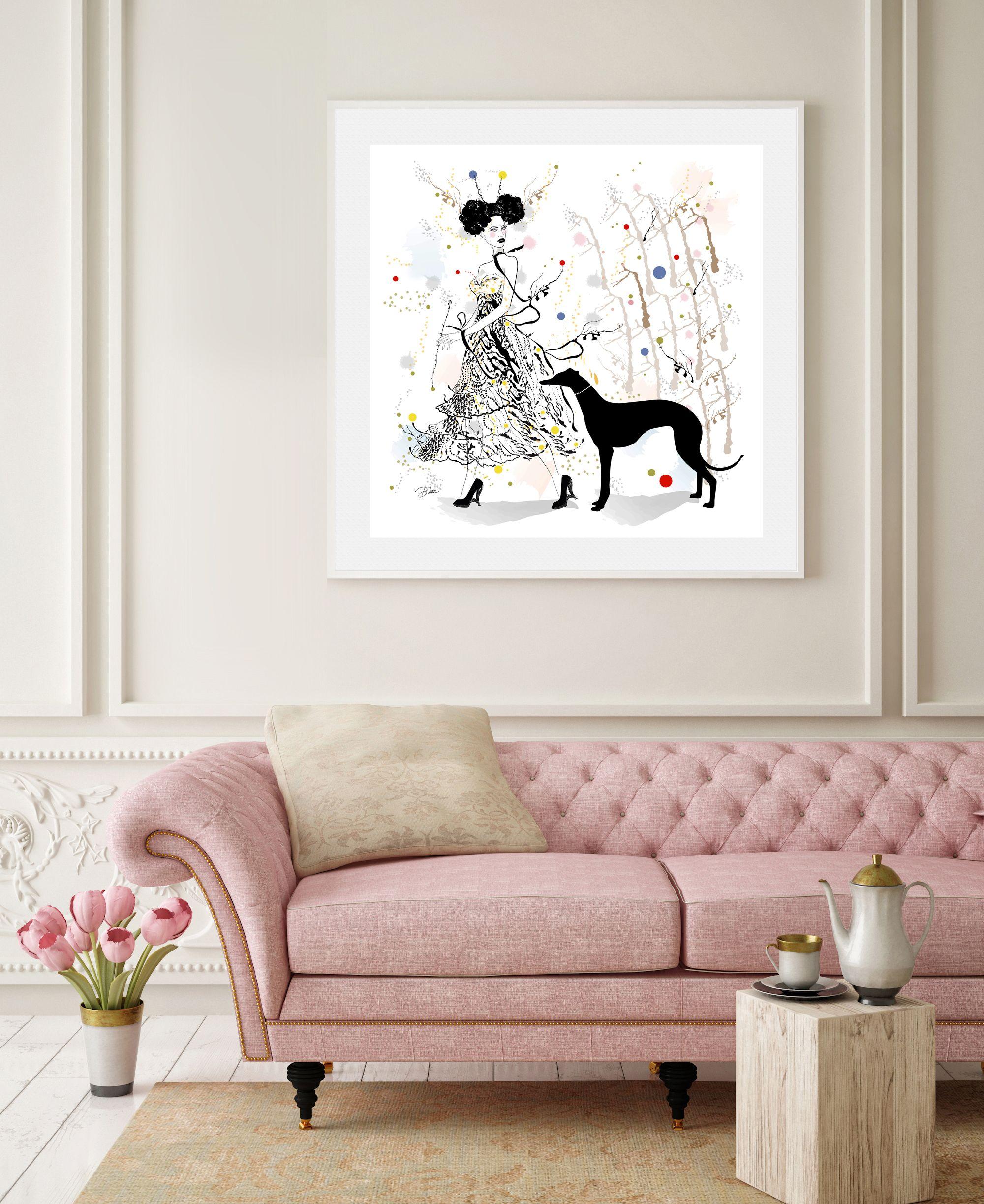 Juliette and her Greyhound - Dog sitter - Fashion, Drawing, Pen & Ink on Paper - Other Art Style Art by Artemisia Fine Art