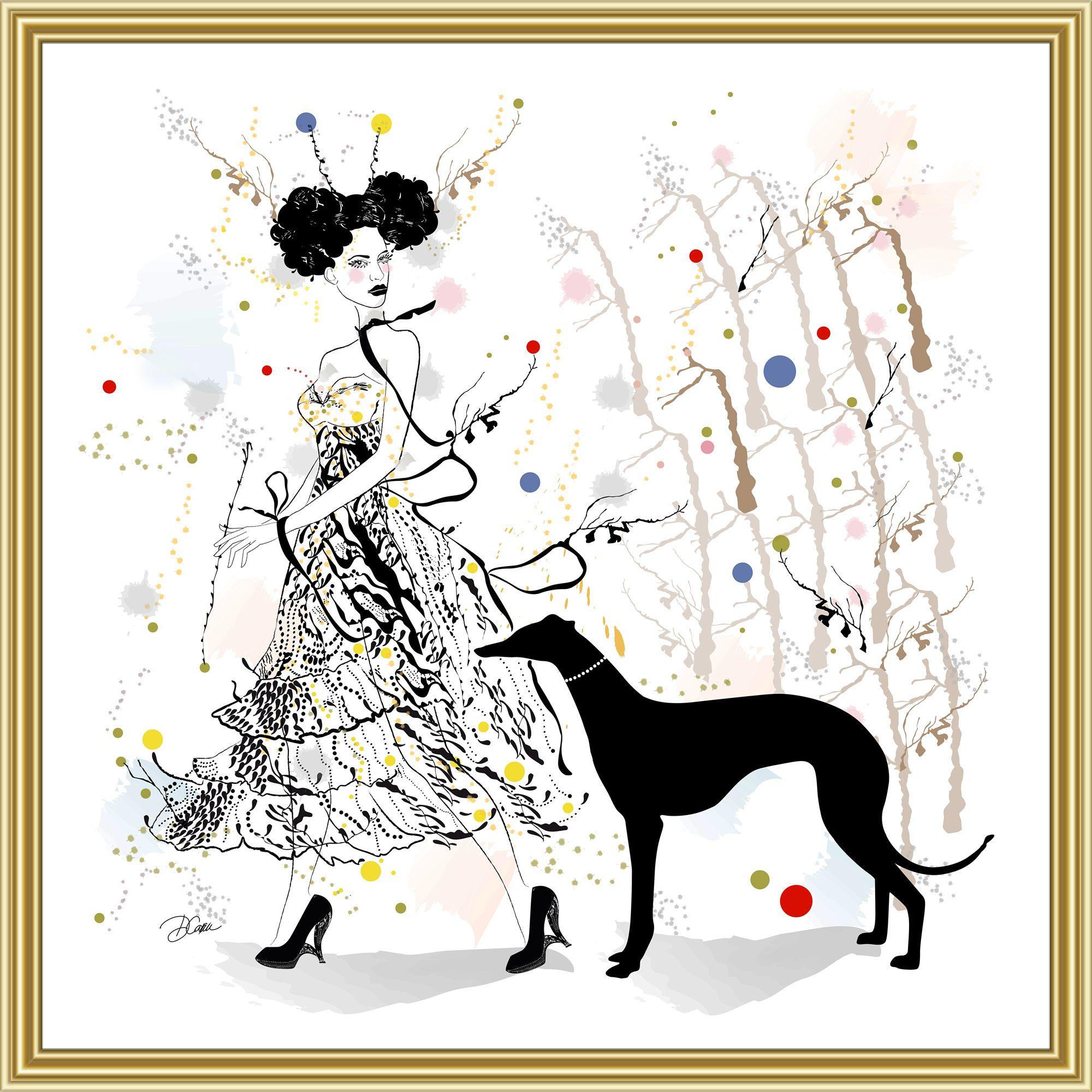 Juliette and her Greyhound - Dog sitter - Fashion, Drawing, Pen & Ink on Paper For Sale 2