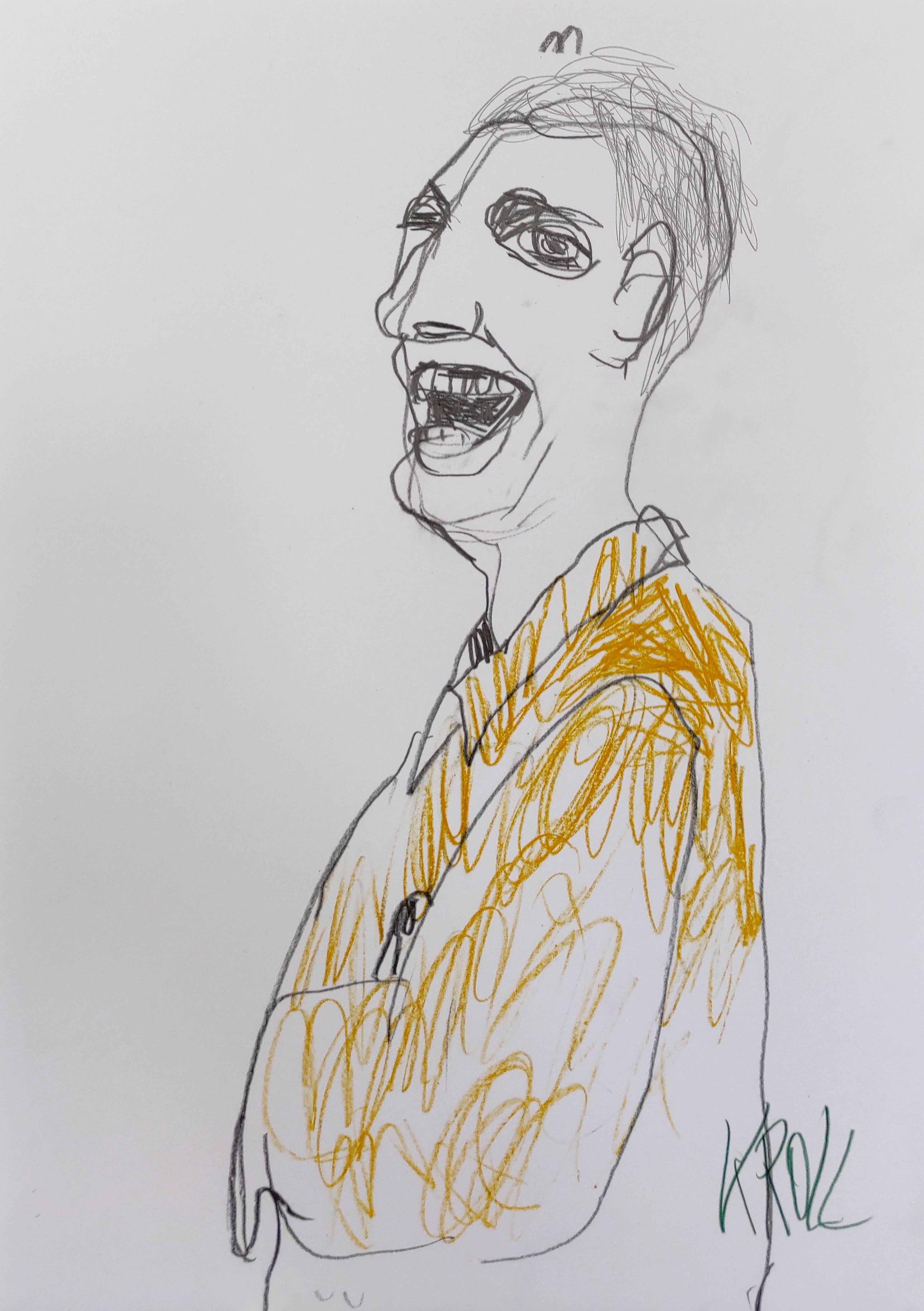 Lachender Mann, Zeichnung, Bleistift/Farbstift auf Papier – Art von Barbara Kroll
